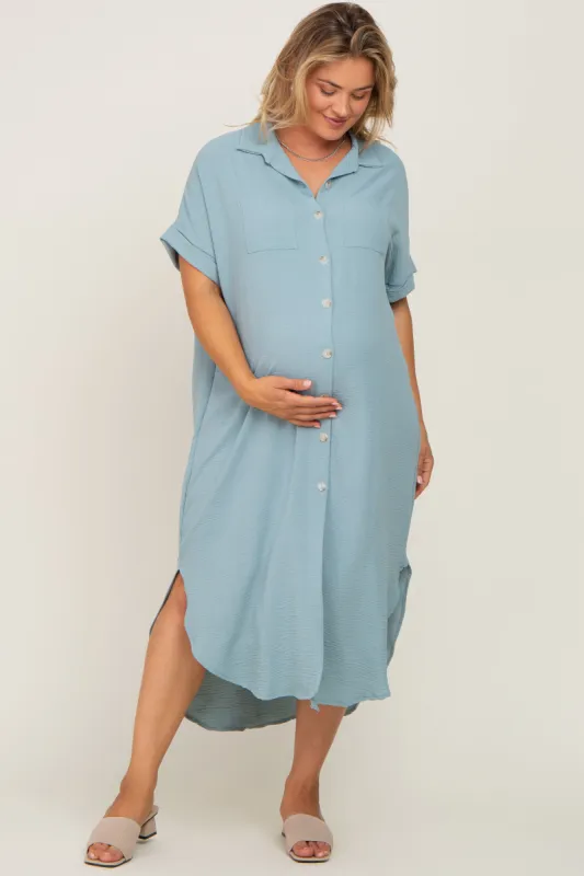 Light Olive Button Down Hi Low Maternity Plus Maxi Dress sold by Pinkblush