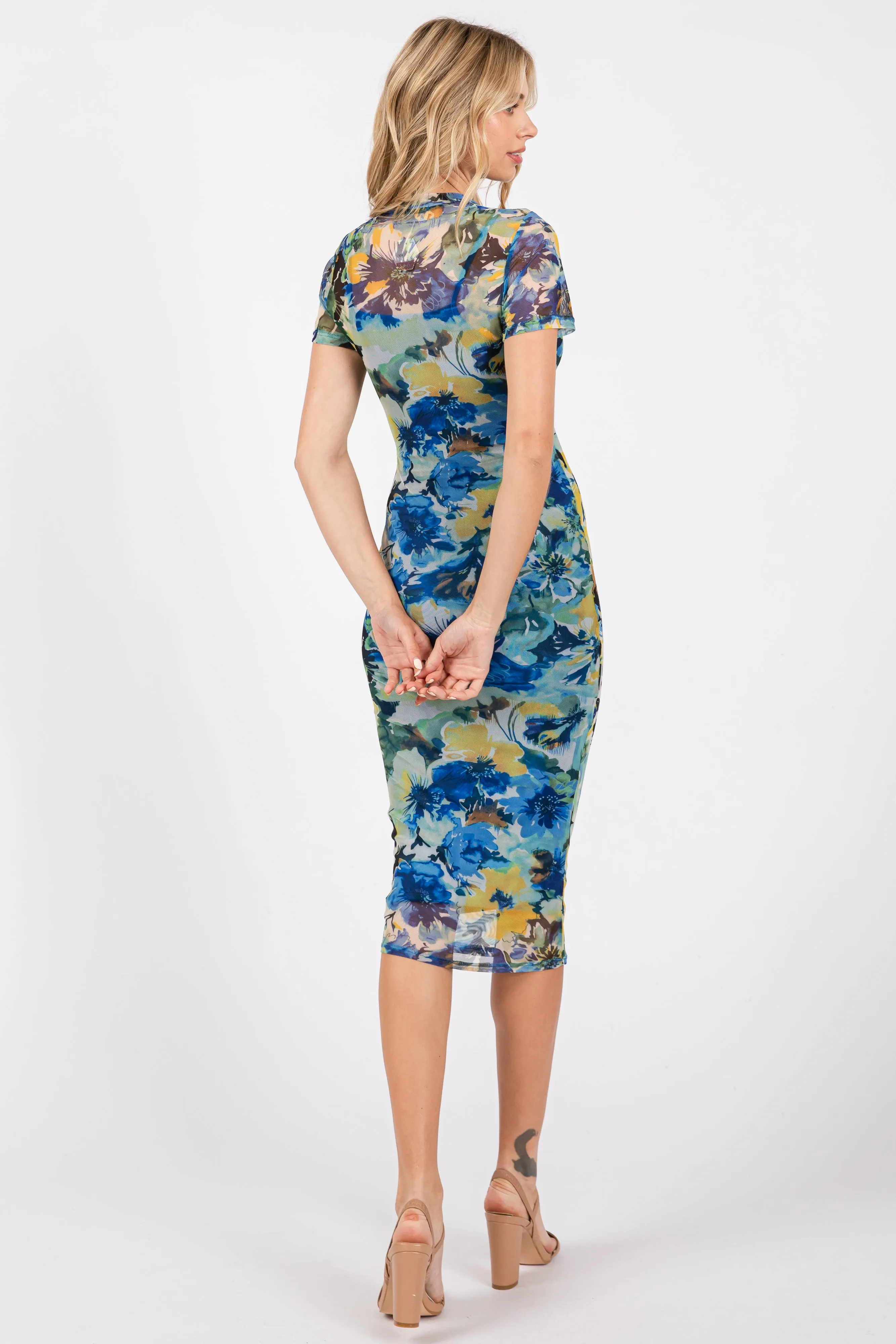 Blue Floral Mesh Short Sleeve Midi Dress sold by Pinkblush product image thumbnail 3