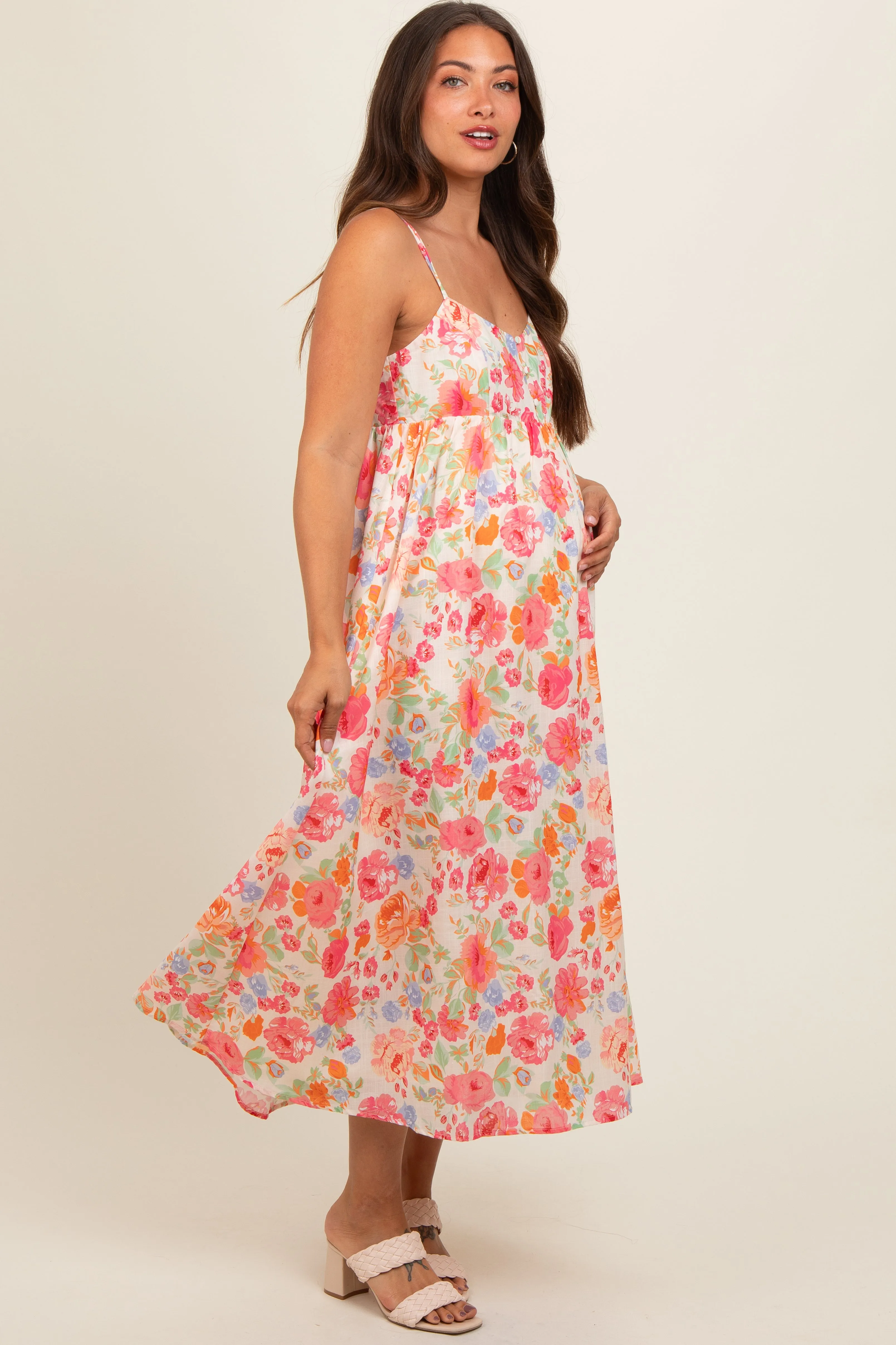 Multi Color Floral Button Front V-Neck Maternity Midi Dress sold by Pinkblush product image thumbnail 3