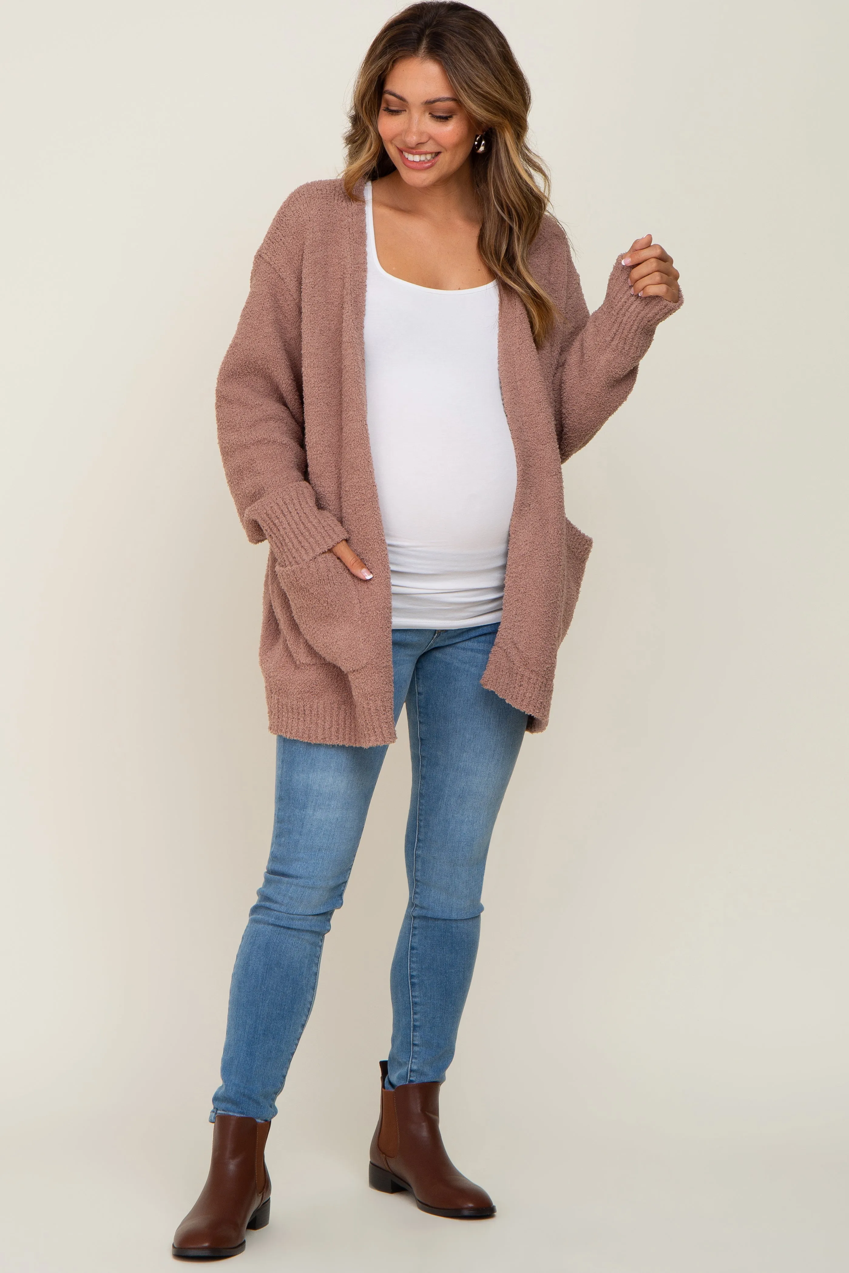Mocha Fuzzy Knit Front Pocket Maternity Cardigan sold by Pinkblush product image thumbnail 4