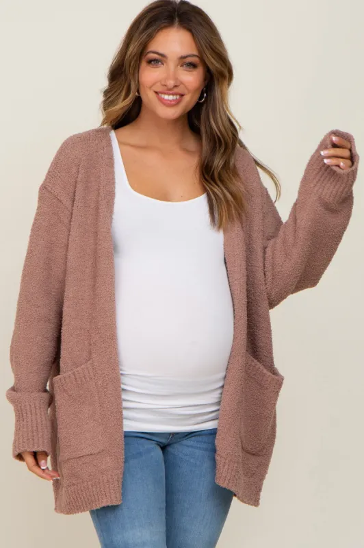 Mocha Fuzzy Knit Front Pocket Maternity Cardigan sold by Pinkblush