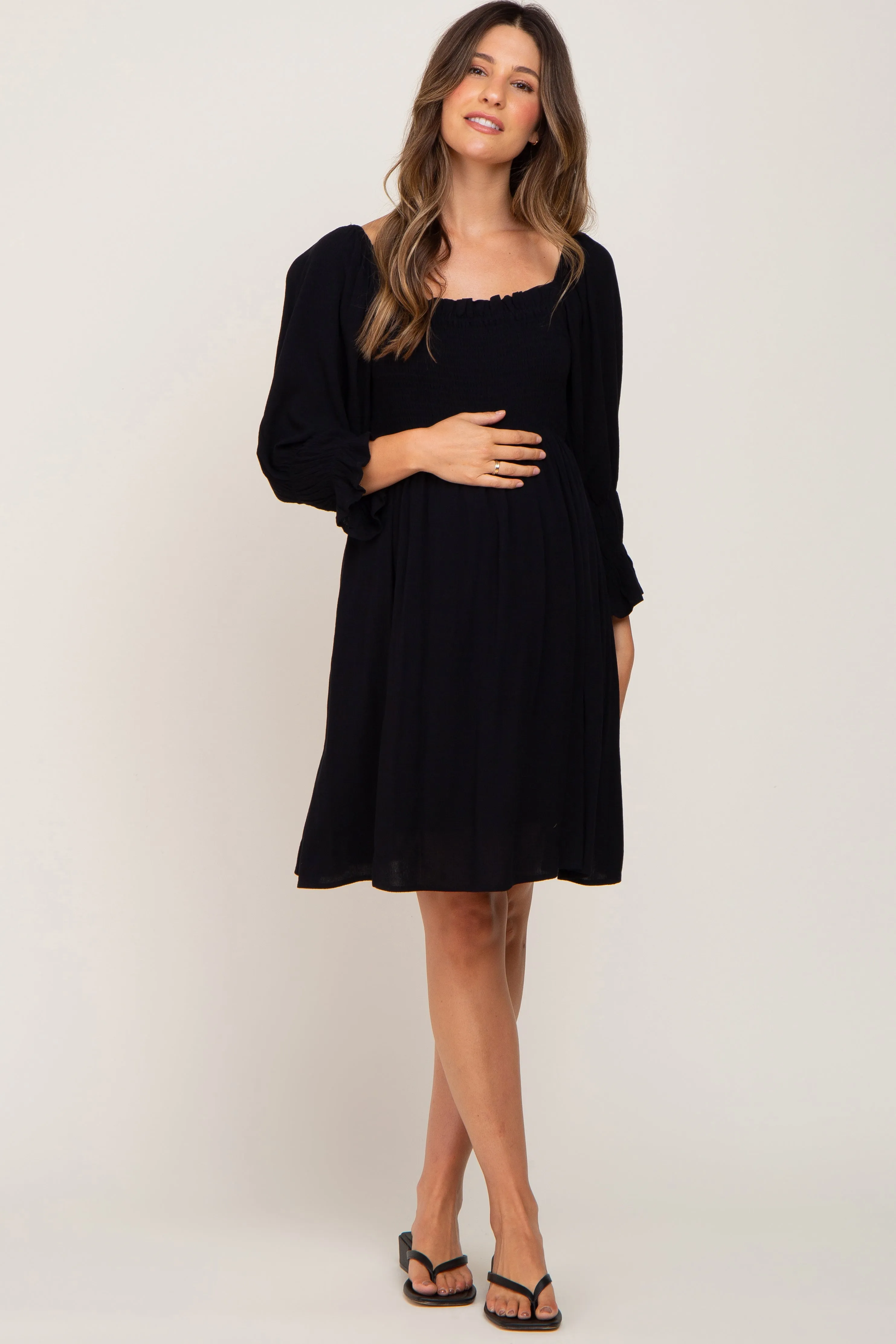 Black Smocked 3/4 Sleeve Maternity Dress sold by Pinkblush product image thumbnail 4