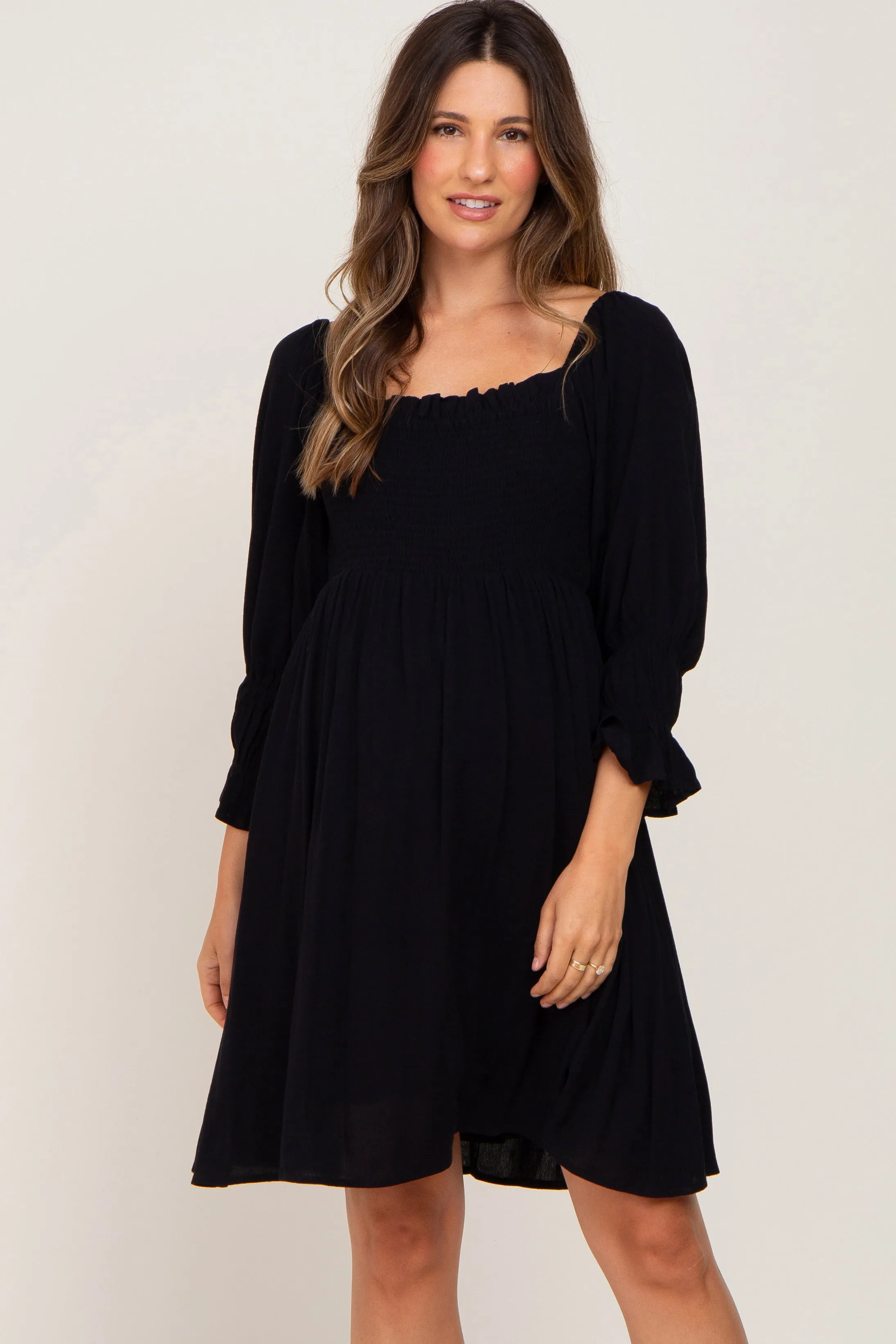 Black Smocked 3/4 Sleeve Maternity Dress sold by Pinkblush