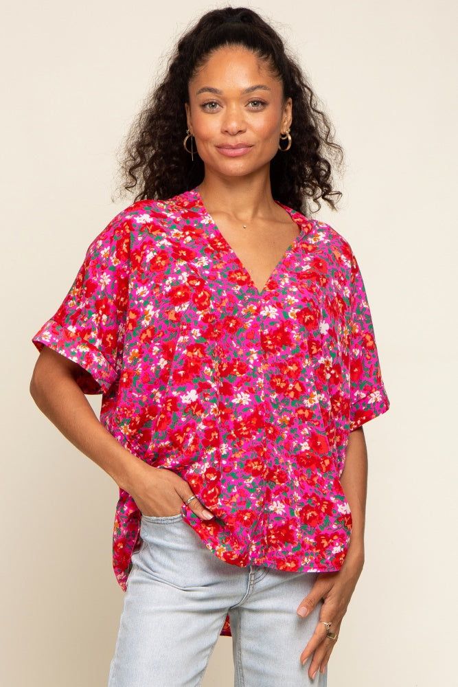 Fuchsia Floral V-Neck Short Dolman Sleeve Top sold by Pinkblush