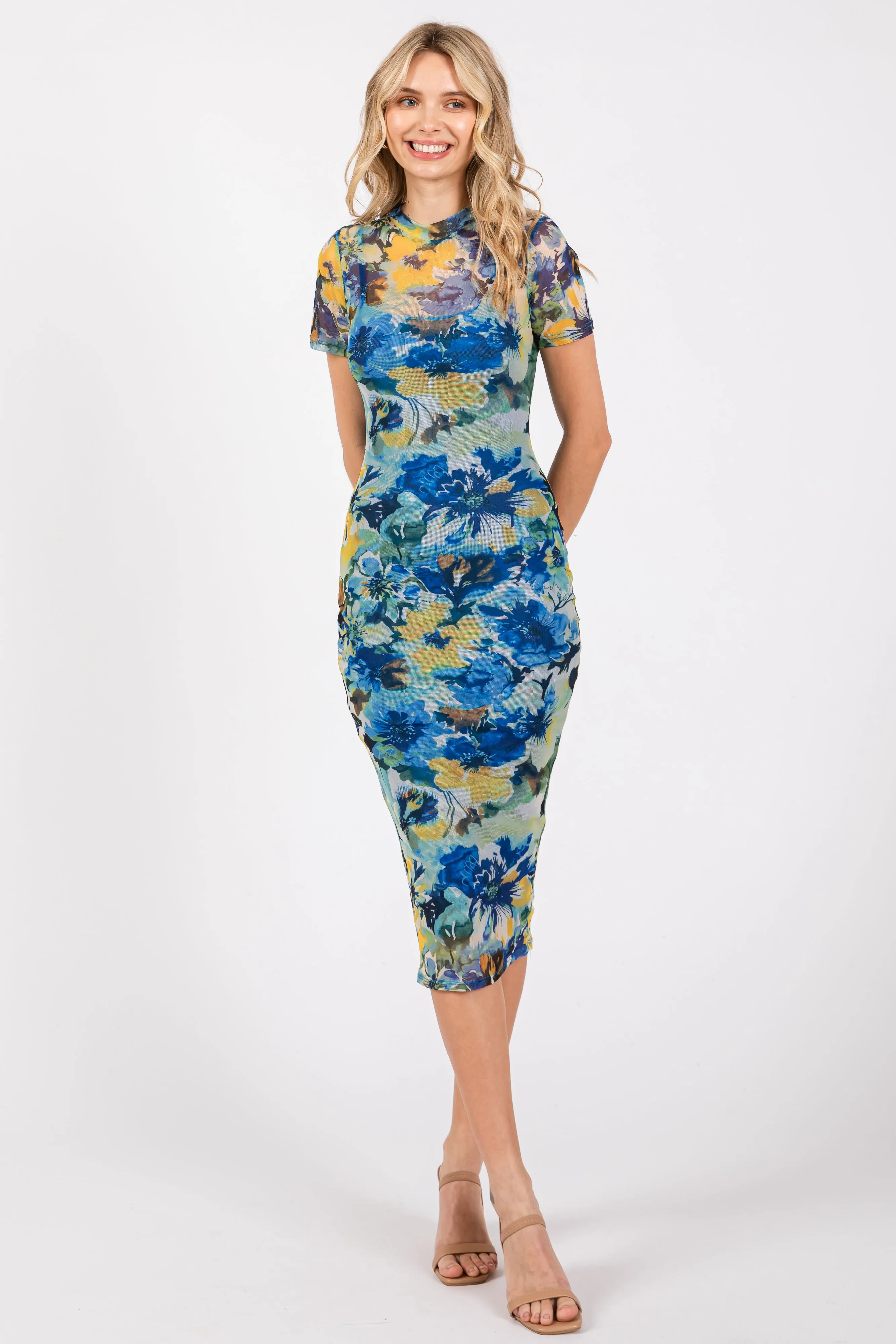 Blue Floral Mesh Short Sleeve Midi Dress sold by Pinkblush