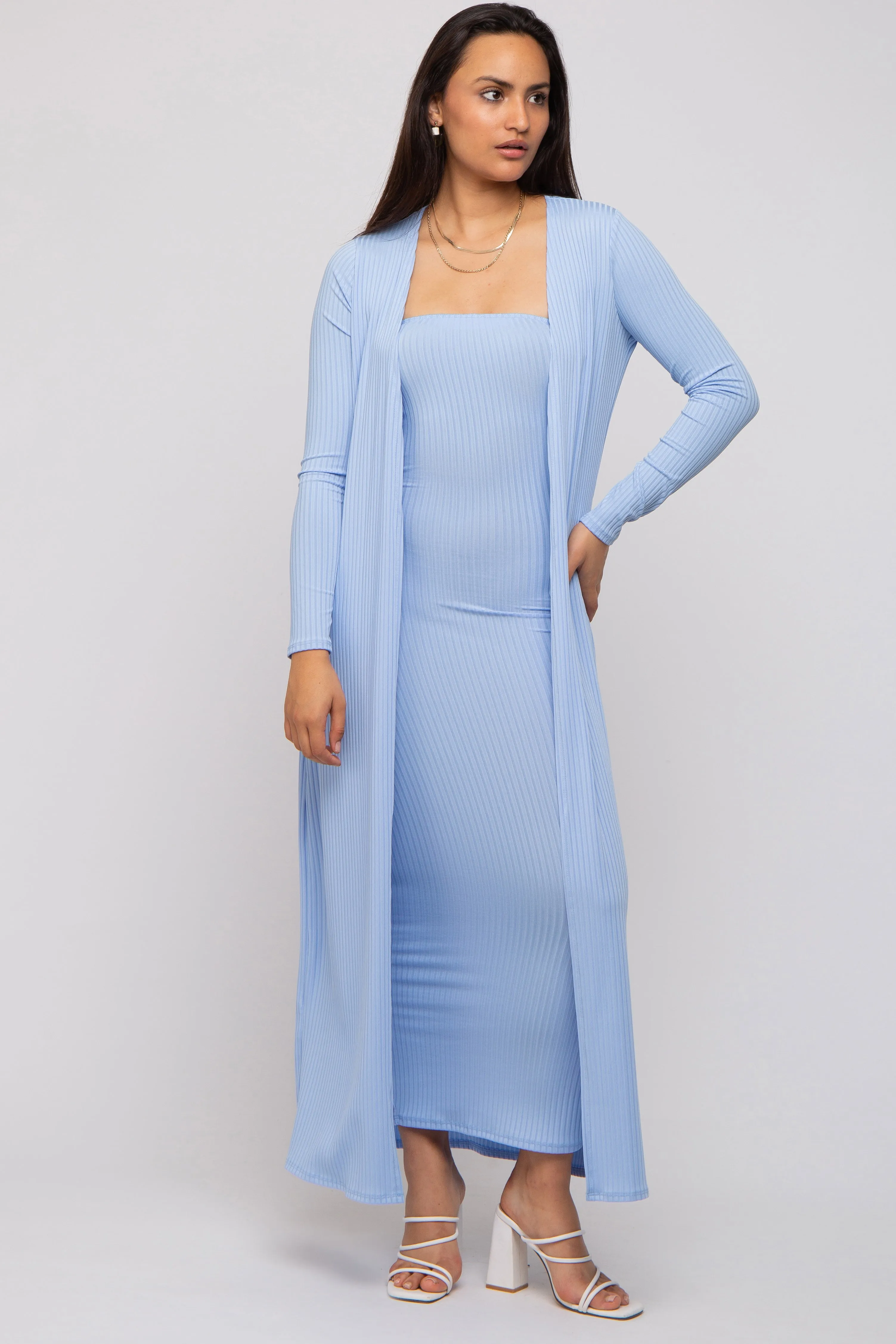 Light Blue Ribbed Sleeveless Dress Cardigan Maternity Set sold by Pinkblush product image thumbnail 3