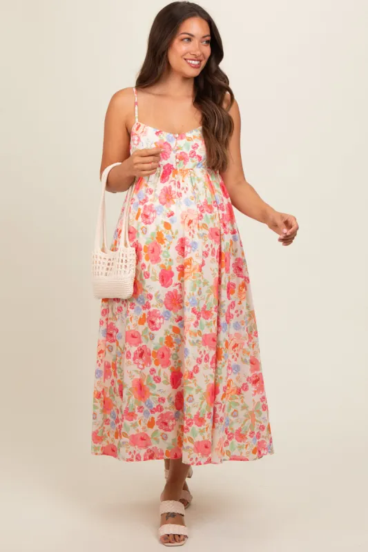 Multi Color Floral Button Front V-Neck Maternity Midi Dress sold by Pinkblush