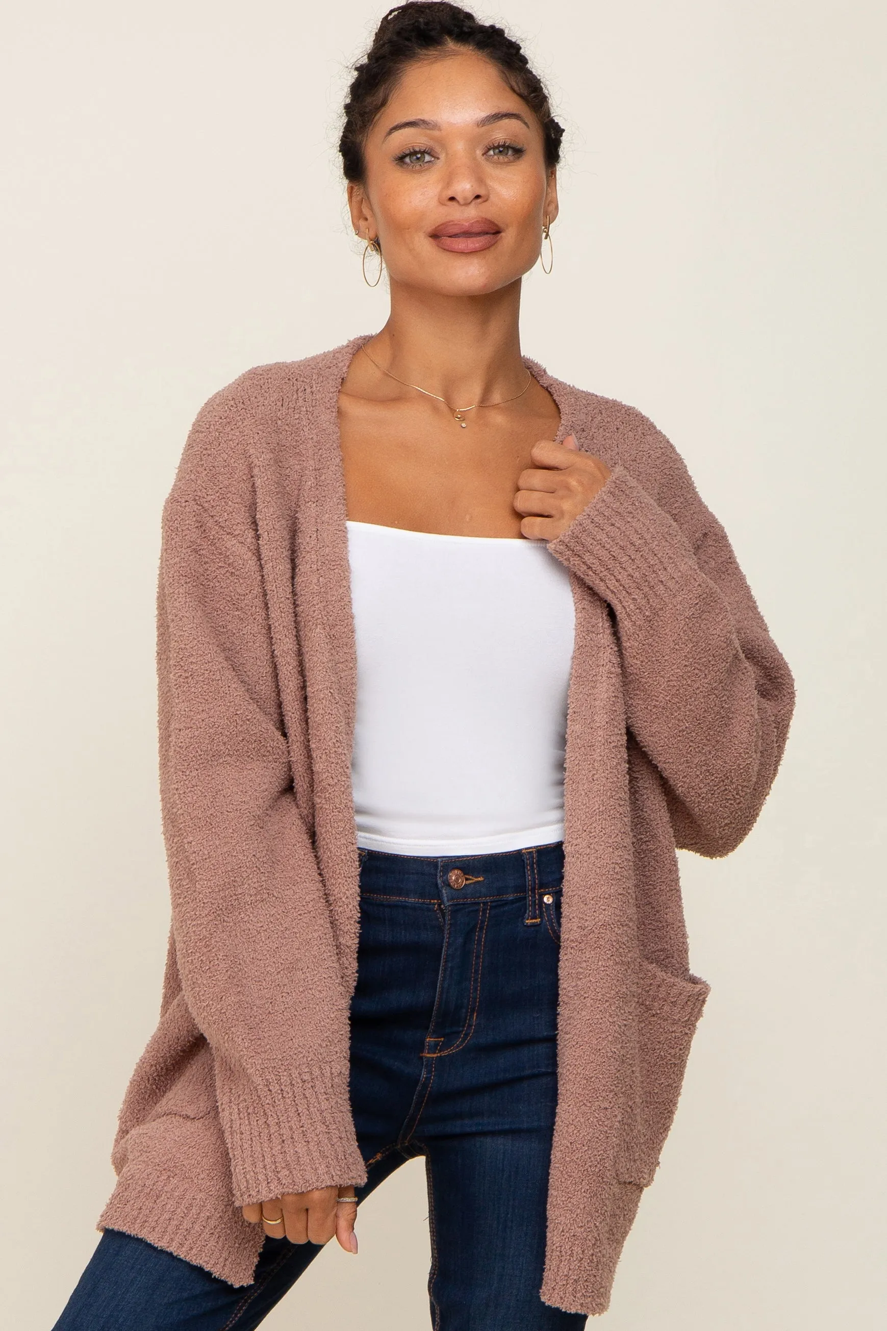 Mocha Fuzzy Knit Front Pocket Maternity Cardigan sold by Pinkblush product image thumbnail 5