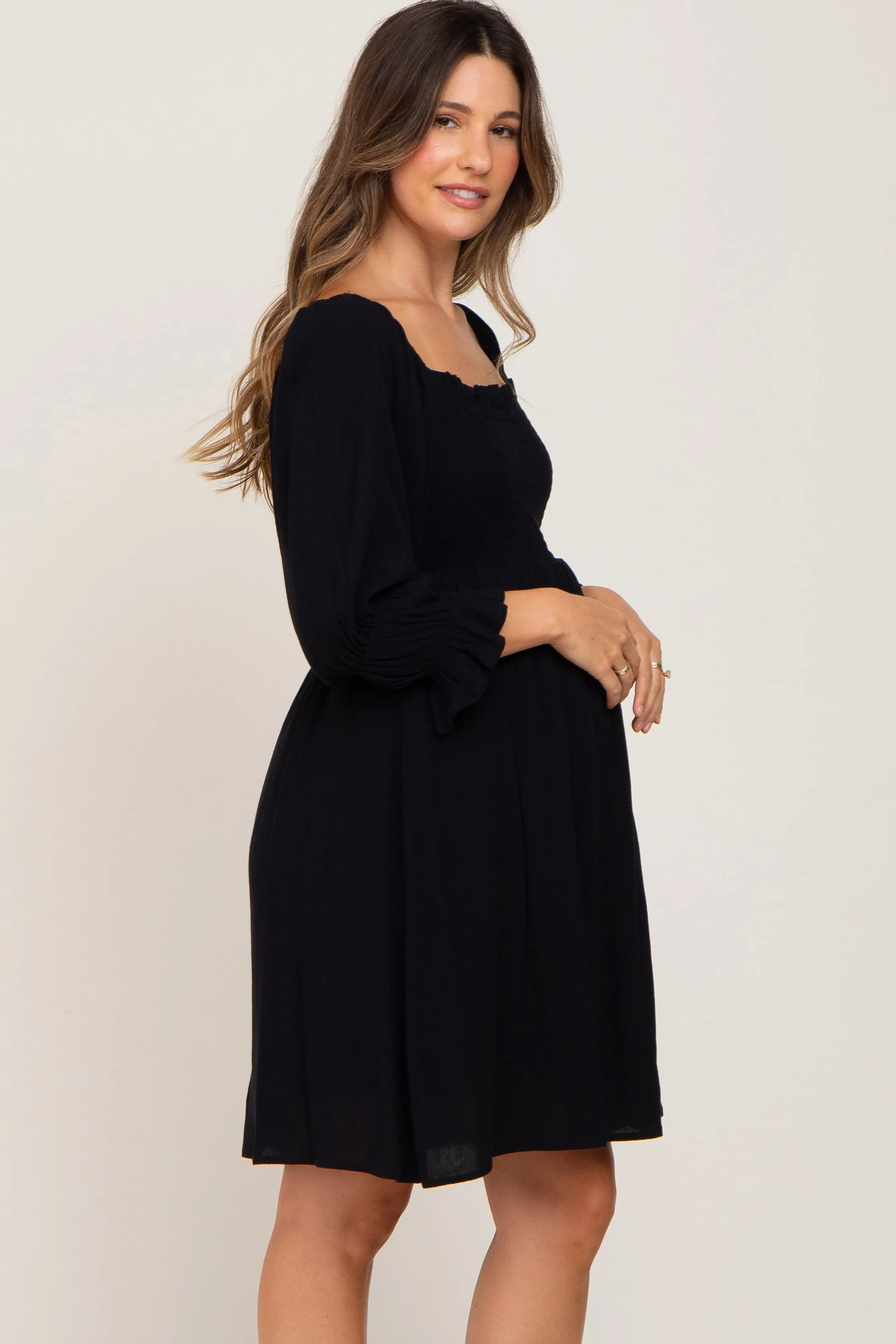 Black Smocked 3/4 Sleeve Maternity Dress sold by Pinkblush product image thumbnail 2