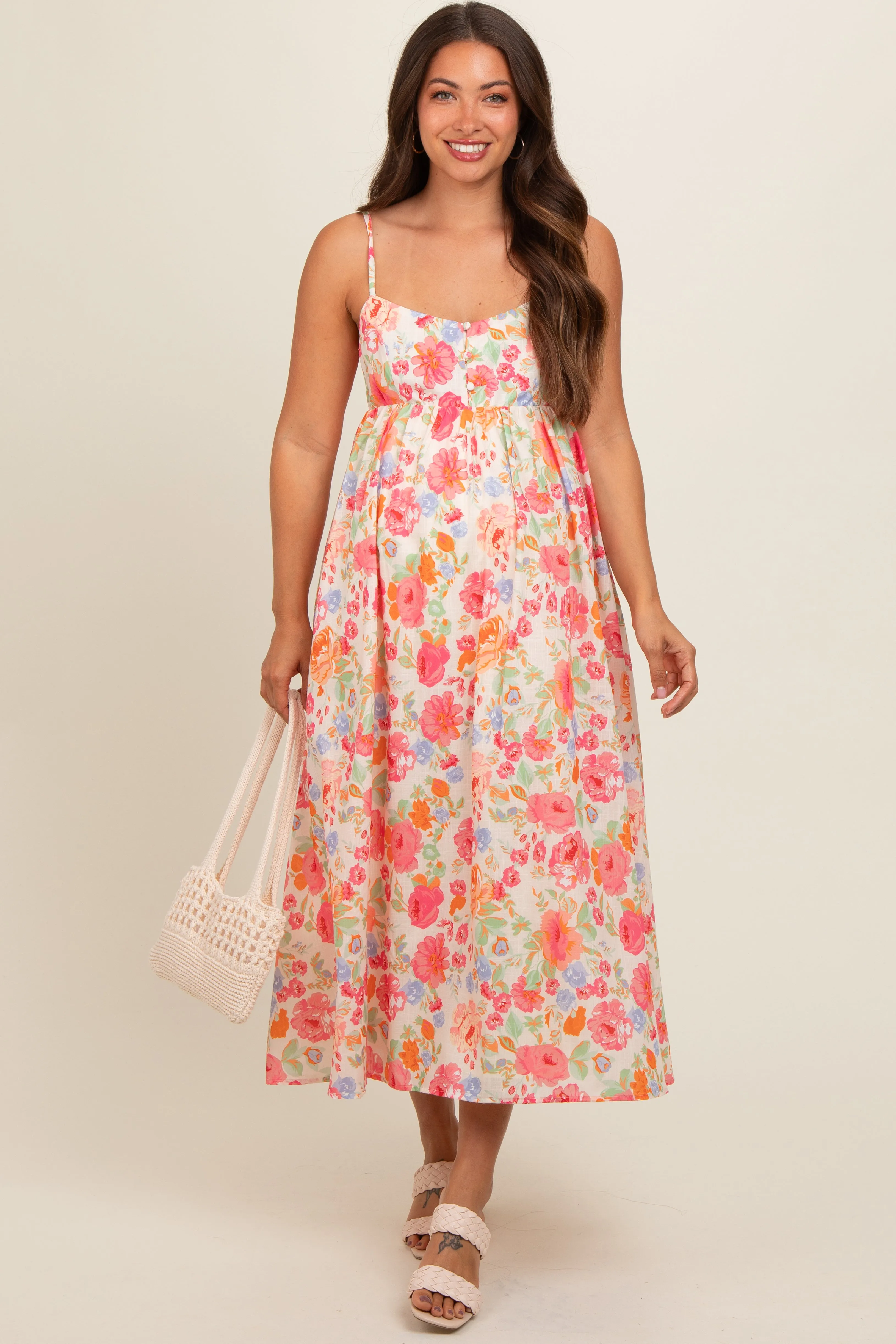 Multi Color Floral Button Front V-Neck Maternity Midi Dress sold by Pinkblush product image thumbnail 2