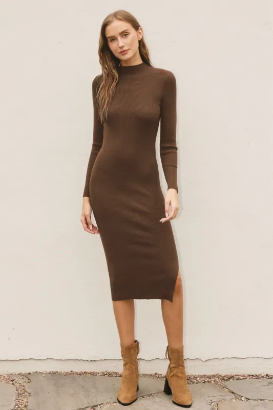 Brown Ribbed Fitted Mock Neck Long Sleeve Midi Dress sold by Pinkblush