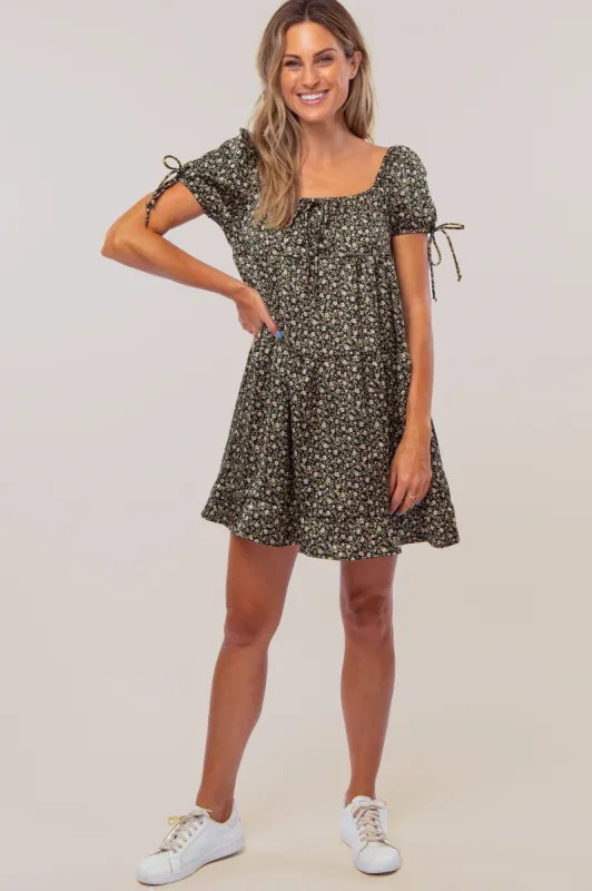 Black Floral Tie Accent Satin Dress sold by Pinkblush