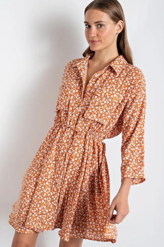 Orange Floral Printed Button Down Shirt Dress sold by Pinkblush