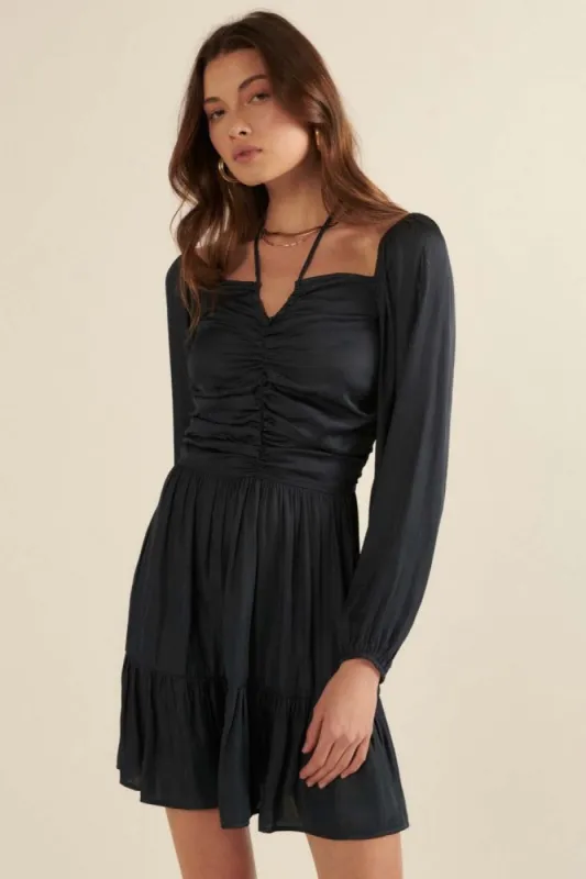 Indigo Solid Satin Split Neck Ruched Bodice Mini Dress sold by Pinkblush