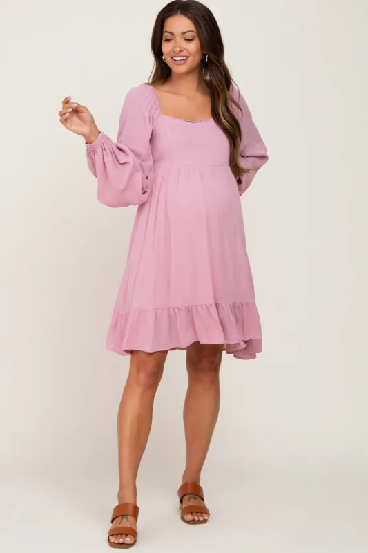Mauve Square Neck Puff Long Sleeve Maternity Dress sold by Pinkblush