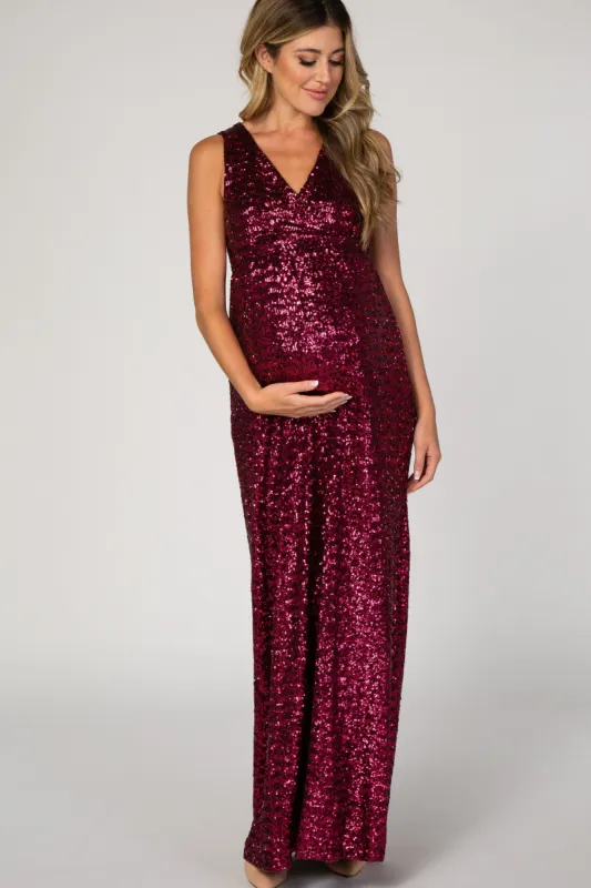 PinkBlush Burgundy Sequin V-Neck Sleeveless Maternity Evening Gown sold by Pinkblush