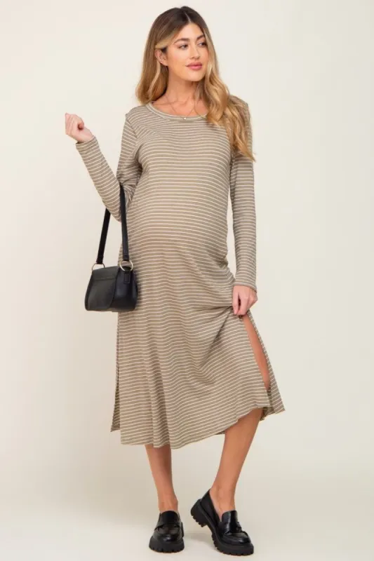 Light Olive Striped Side Slit Maternity Midi Dress sold by Pinkblush