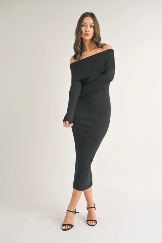 Black Rib Knit Off Shoulder Maxi Dress sold by Pinkblush