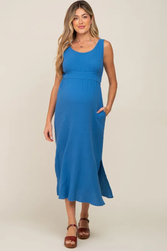 Blue Lightweight Sleeveless Open Back Maternity Maxi Dress sold by Pinkblush