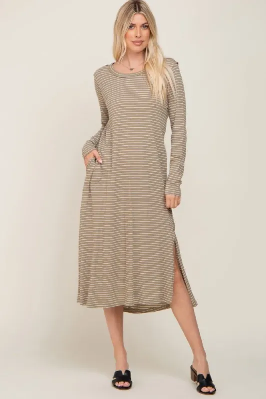 Light Olive Striped Side Slit Midi Dress sold by Pinkblush