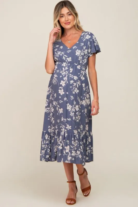 Blue Floral Short Flutter Sleeve Maternity Midi Dress sold by Pinkblush