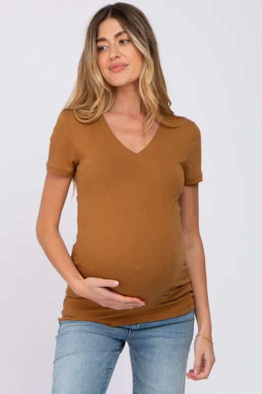 Camel V-Neck Short Sleeve Maternity Top sold by Pinkblush