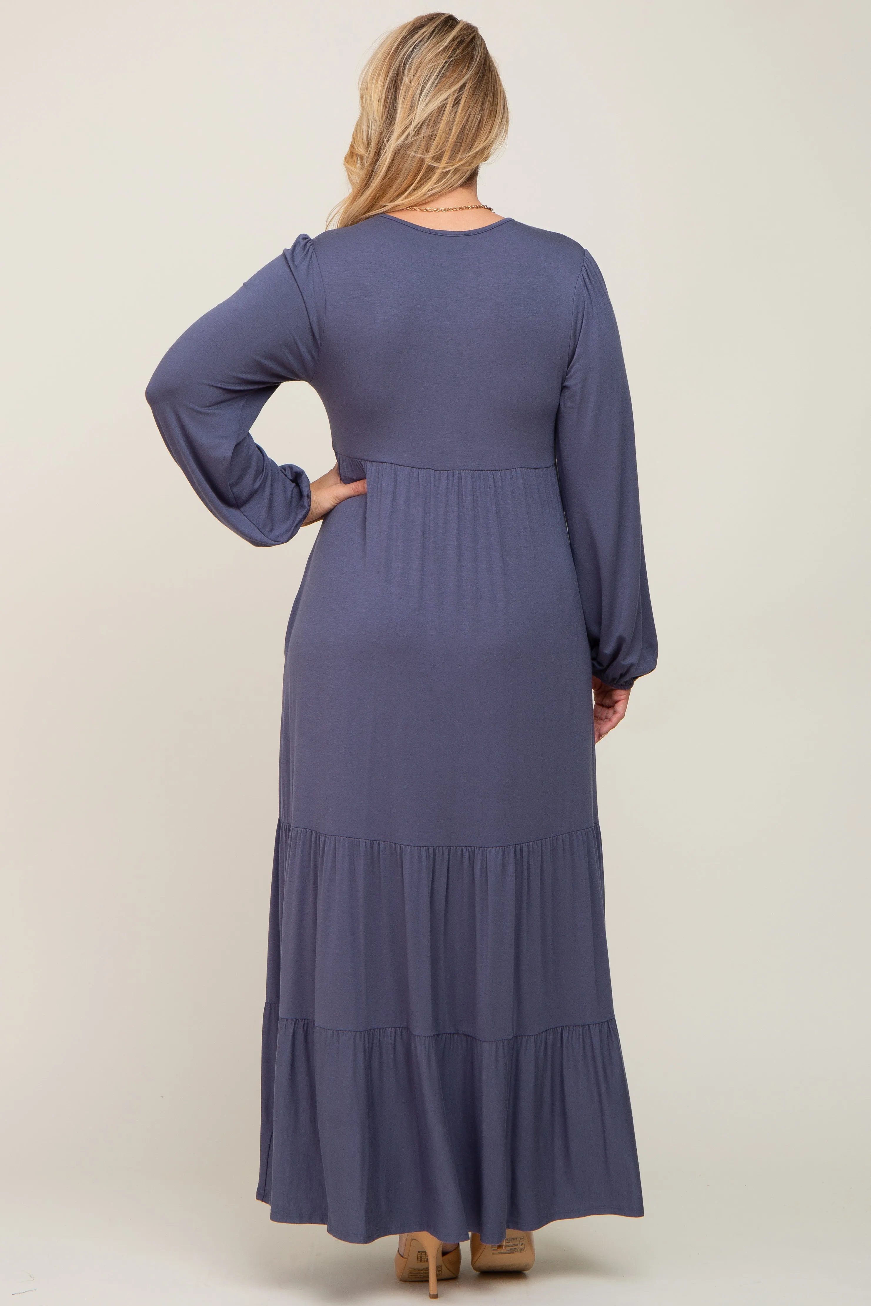 Blue Long Sleeve Tiered Maternity Plus Maxi Dress sold by Pinkblush product image thumbnail 3