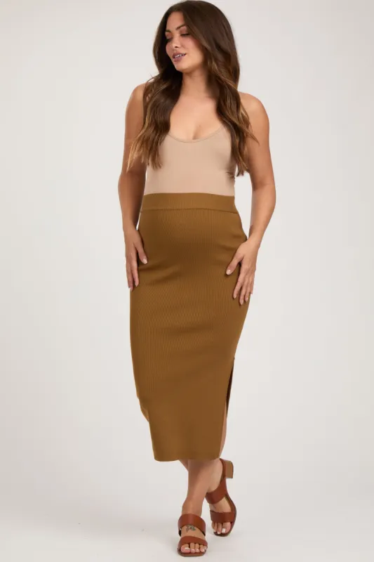 Mocha Rib Knit Maternity Midi Skirt sold by Pinkblush