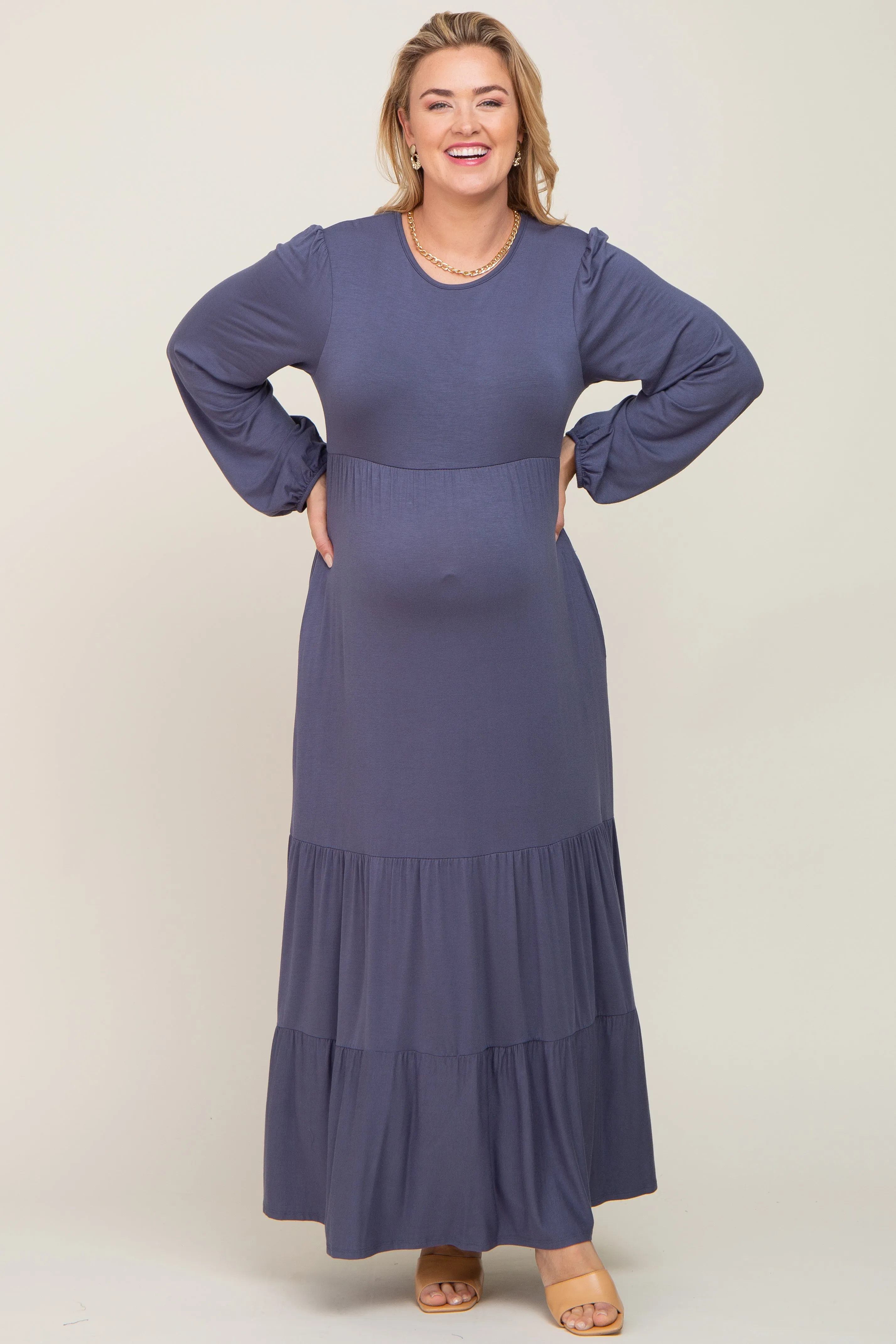 Blue Long Sleeve Tiered Maternity Plus Maxi Dress sold by Pinkblush product image thumbnail 4