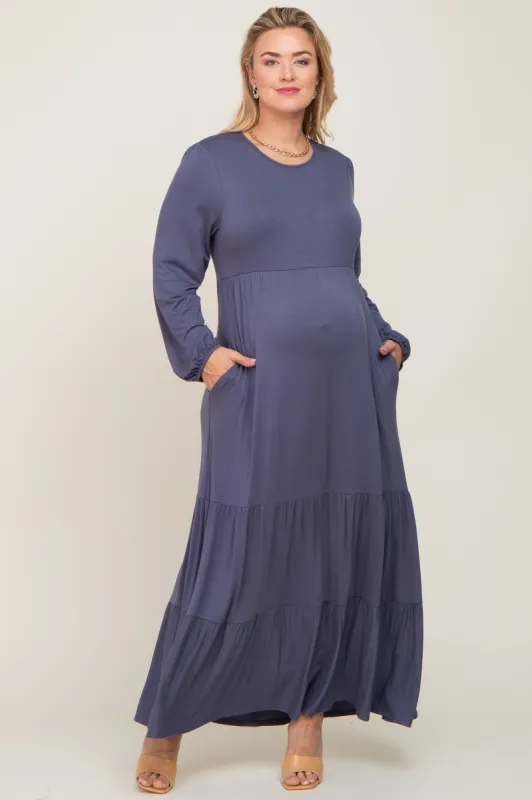 Blue Long Sleeve Tiered Maternity Plus Maxi Dress sold by Pinkblush
