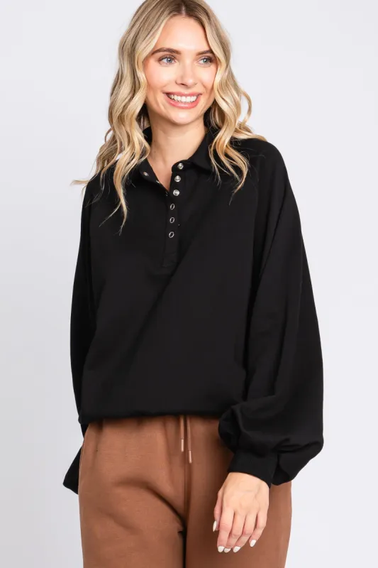Black Collared Button Pullover sold by Pinkblush