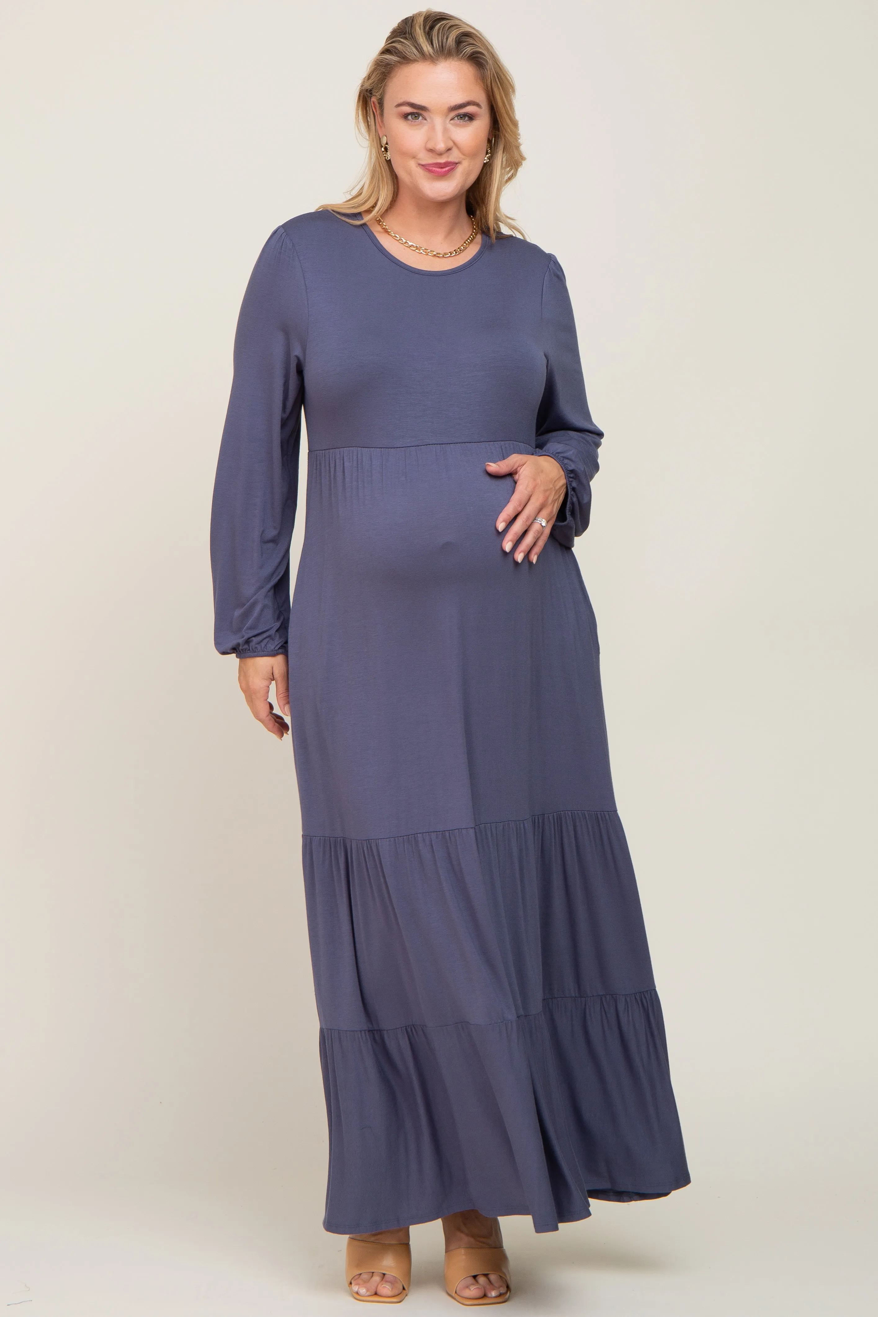 Blue Long Sleeve Tiered Maternity Plus Maxi Dress sold by Pinkblush product image thumbnail 5
