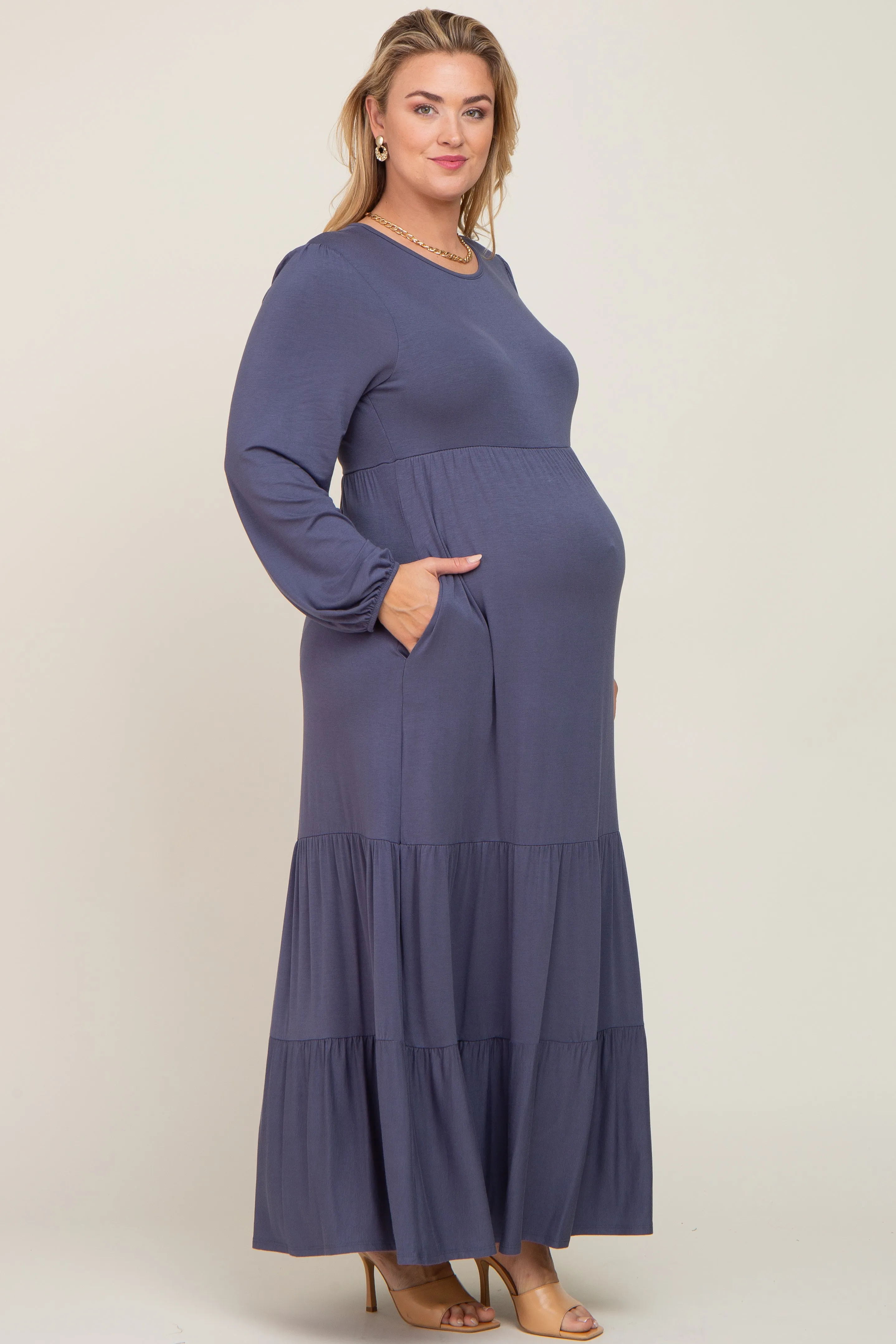 Blue Long Sleeve Tiered Maternity Plus Maxi Dress sold by Pinkblush product image thumbnail 2