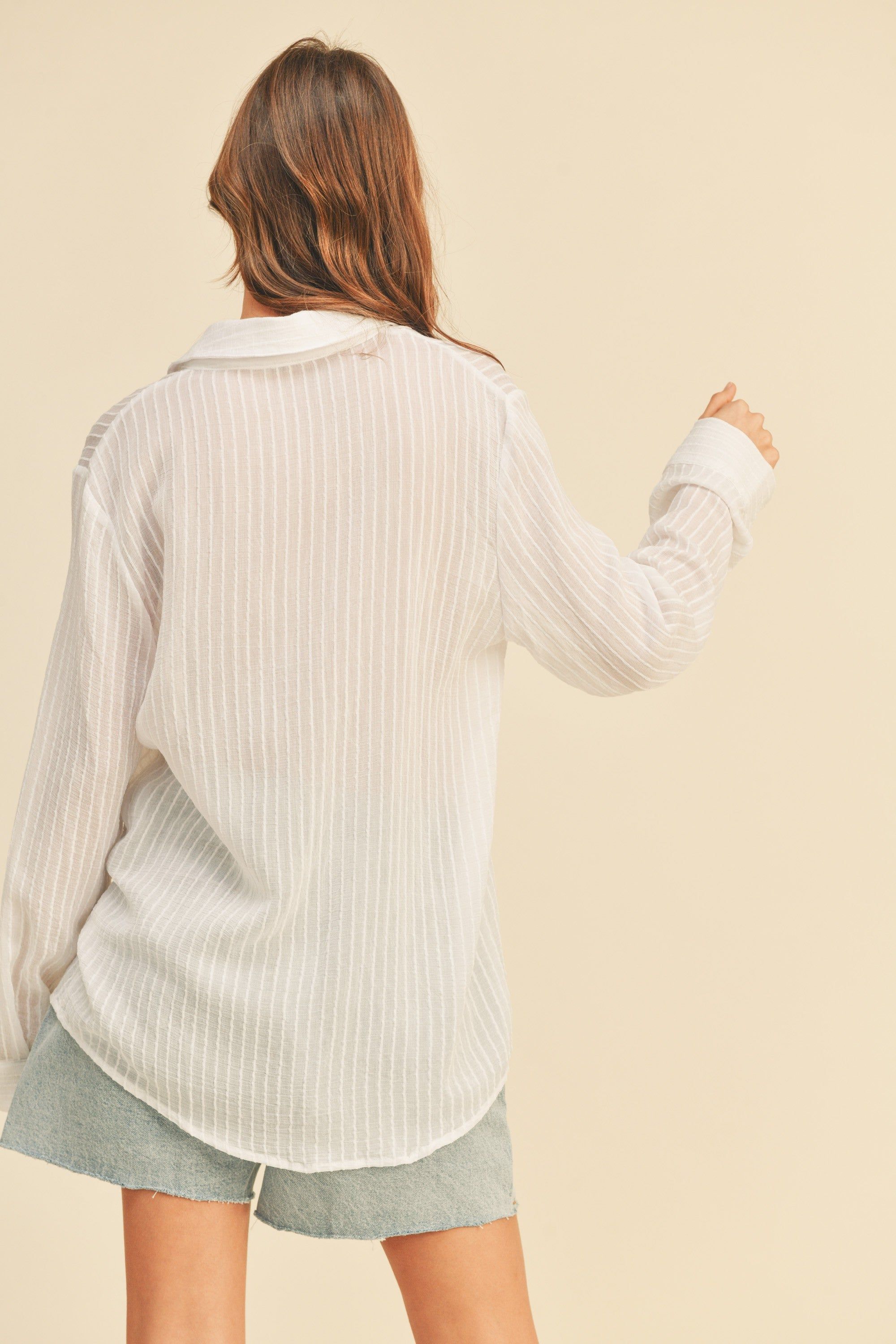 White Textured Stripe Collared Button-Down Long Sleeve Top sold by Pinkblush product image thumbnail 4
