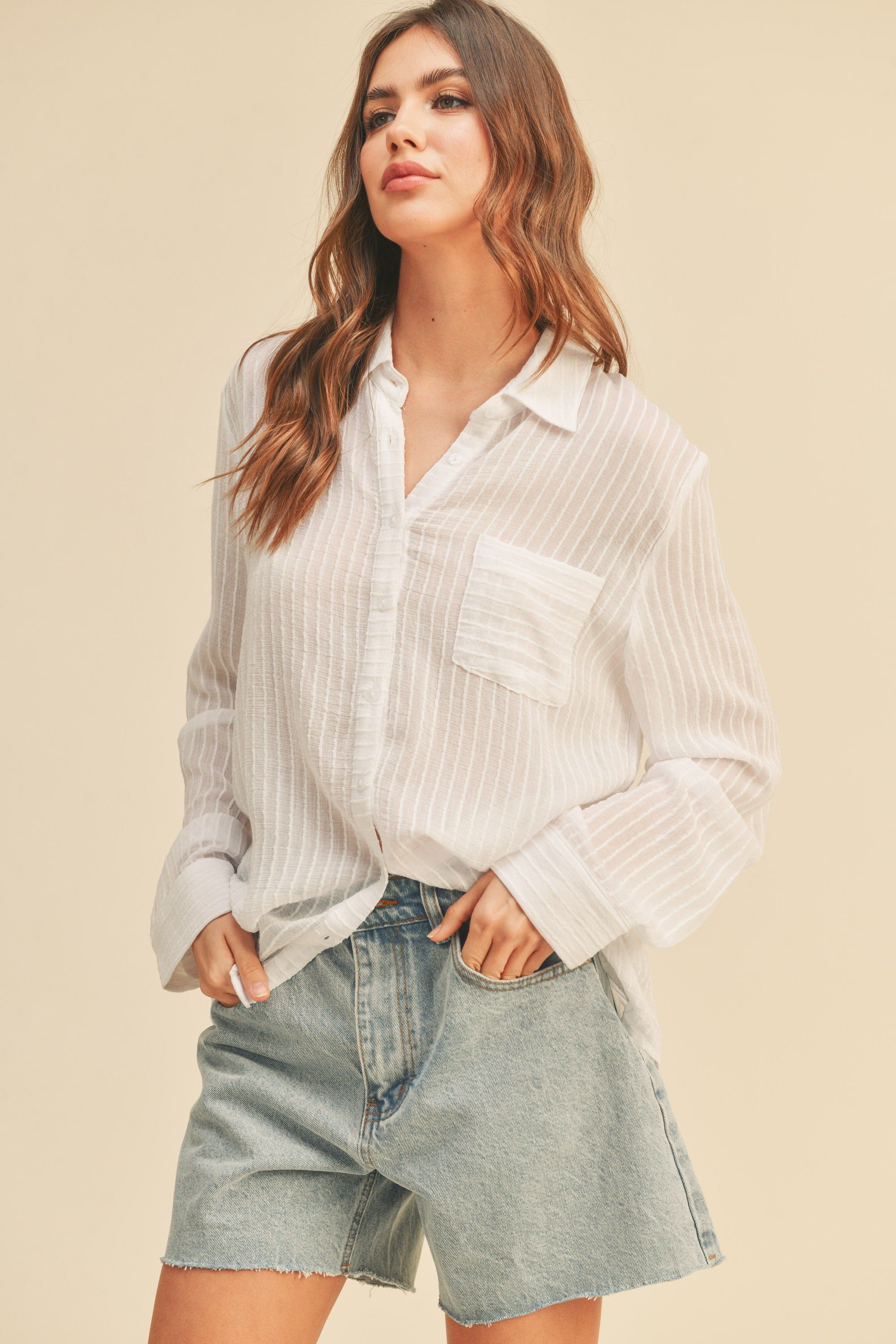 White Textured Stripe Collared Button-Down Long Sleeve Top sold by Pinkblush