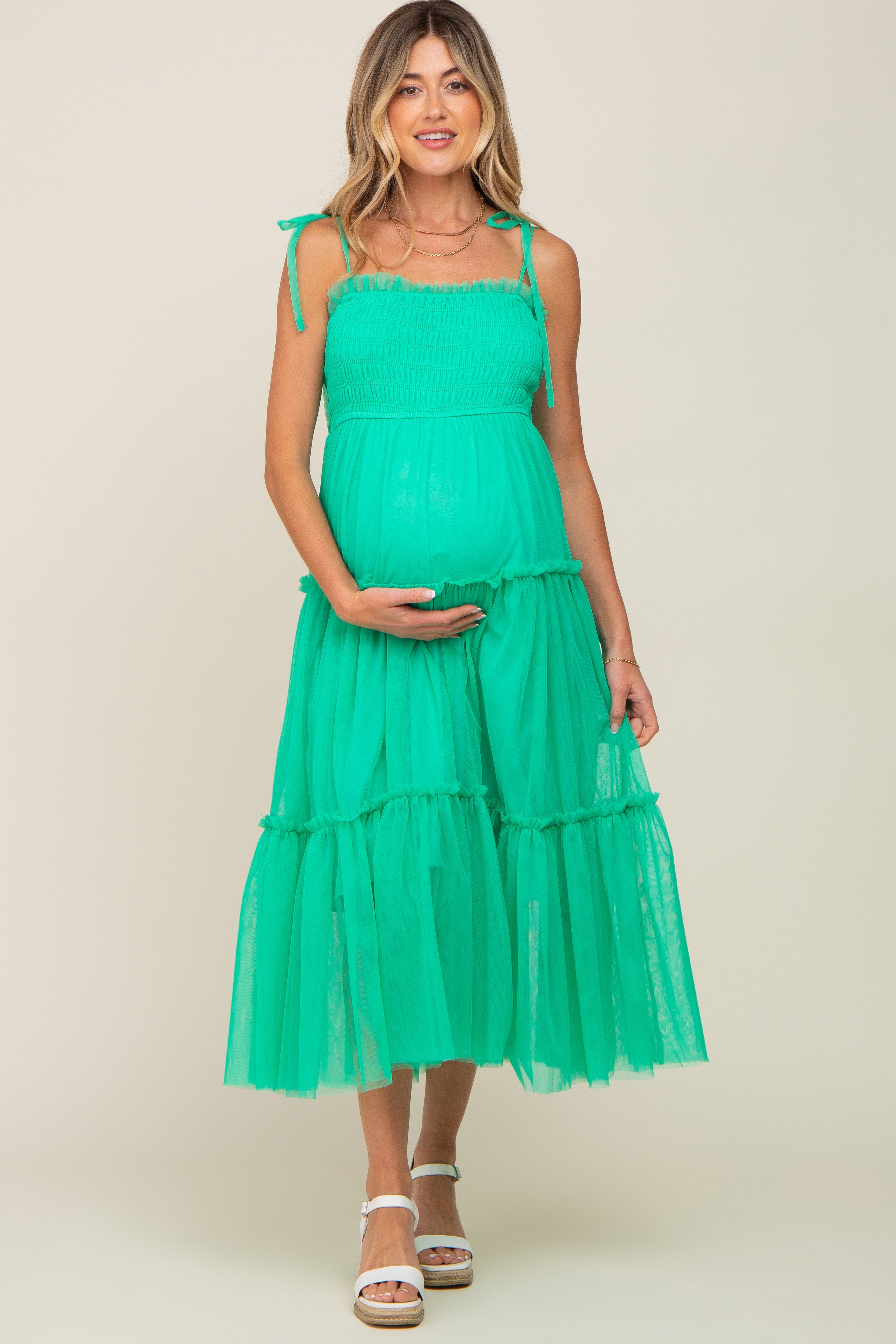 Mint Green Smocked Mesh Maternity Midi Dress sold by Pinkblush product image thumbnail 4