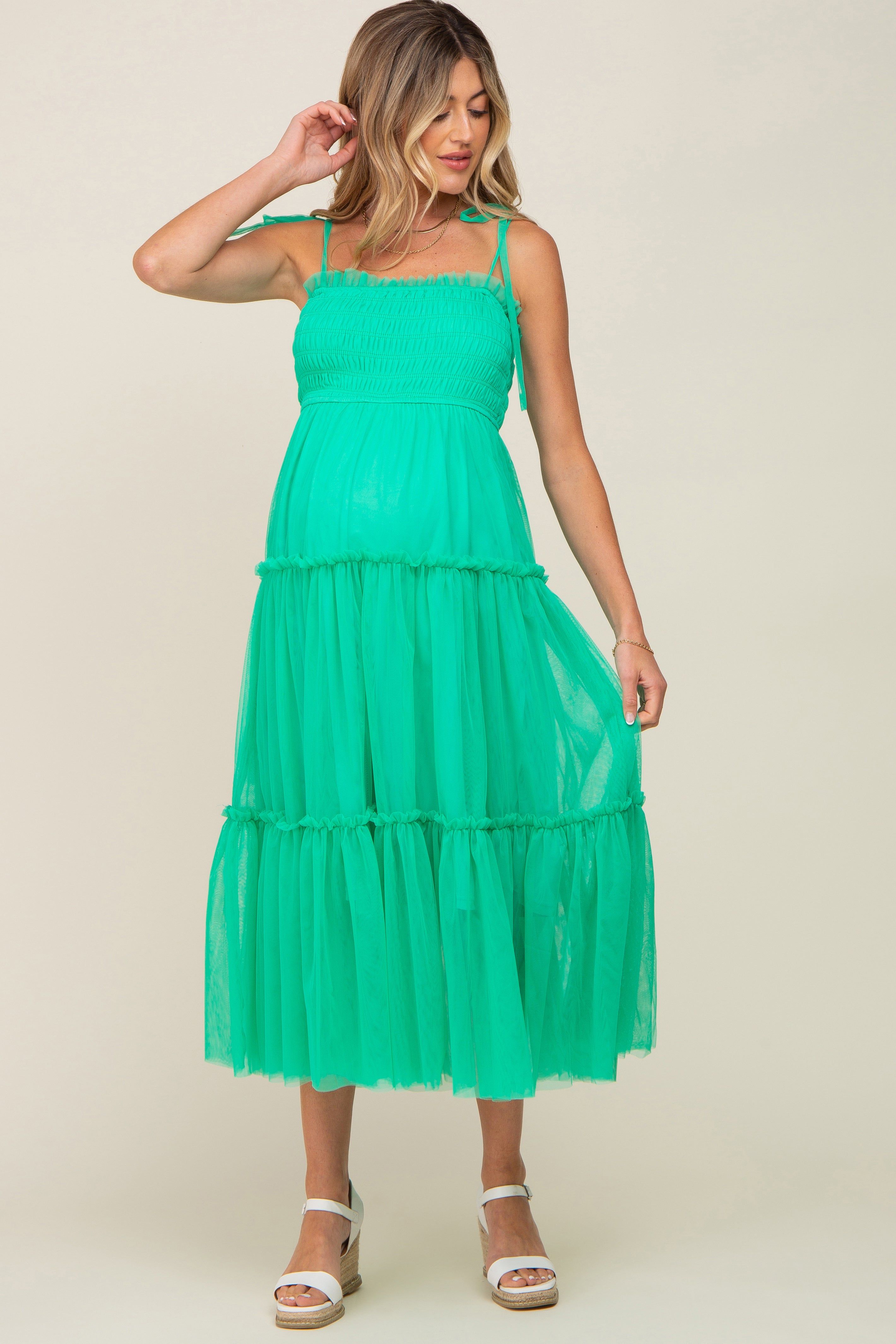 Mint Green Smocked Mesh Maternity Midi Dress sold by Pinkblush