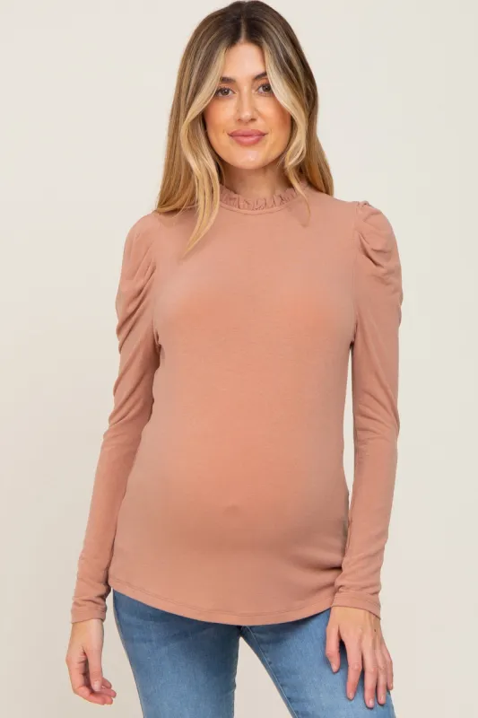 Taupe Ruffled Mock Neck Long Sleeve Maternity Top sold by Pinkblush
