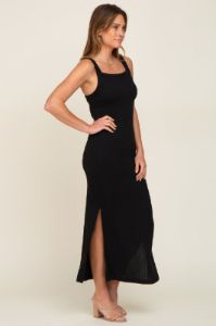 Black Rib Knit Side Slit Maxi Dress sold by Pinkblush