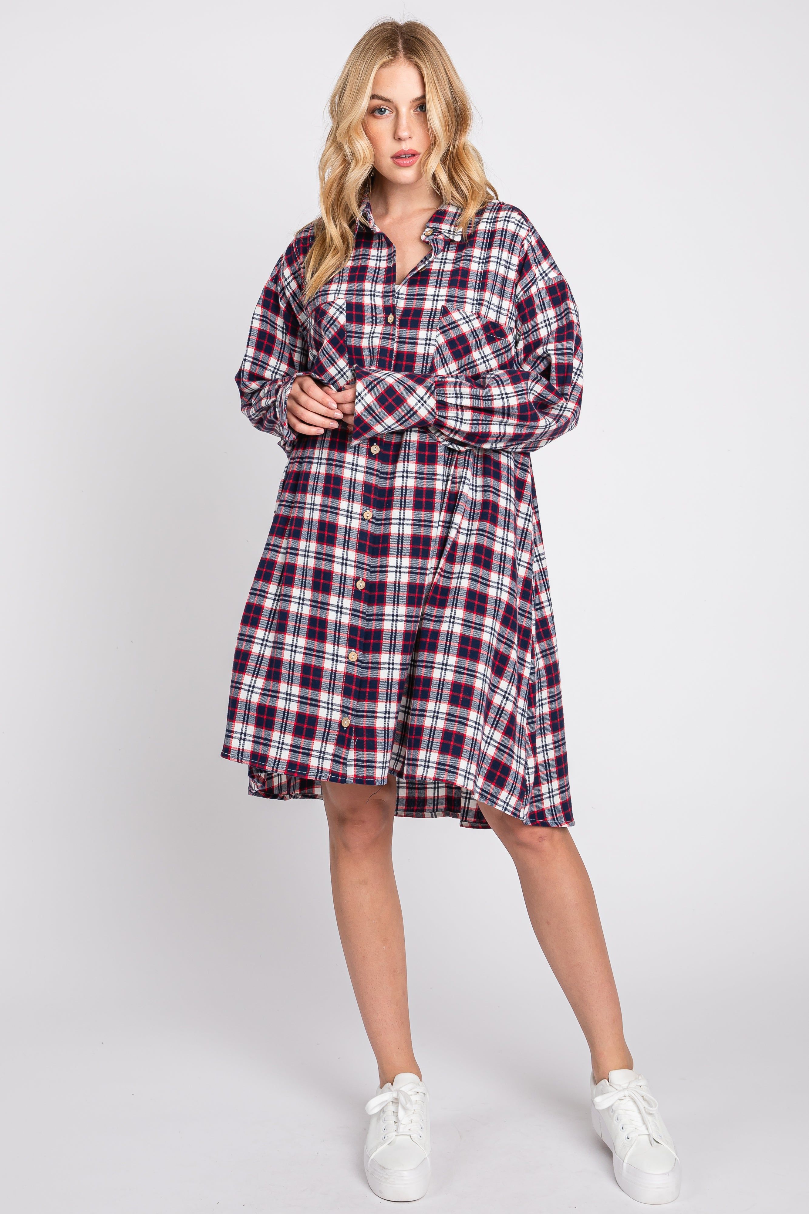 Navy Plaid Button Down Oversize Maternity Mini Shirt Dress sold by Pinkblush product image thumbnail 5