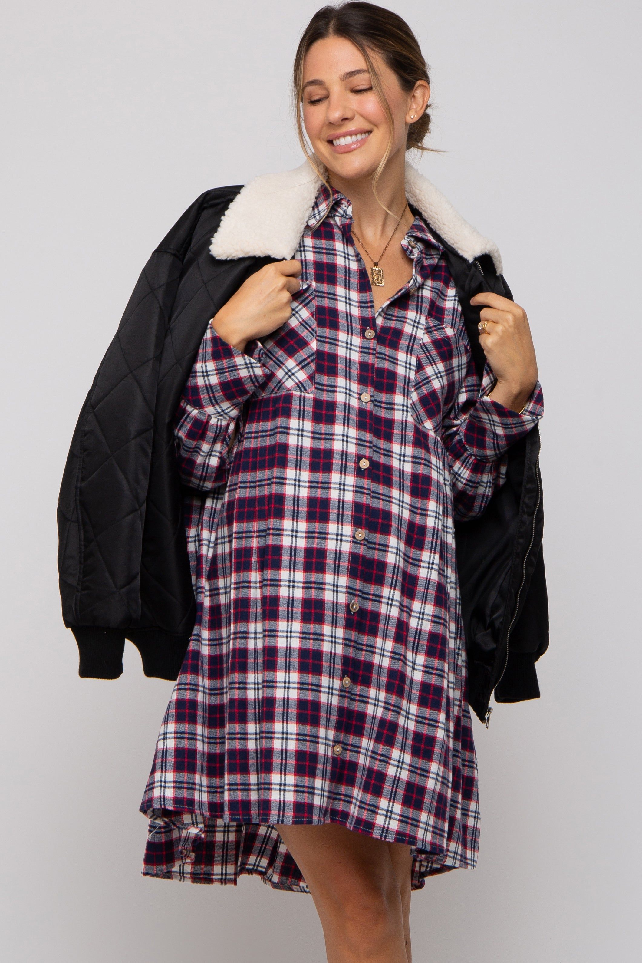 Navy Plaid Button Down Oversize Maternity Mini Shirt Dress sold by Pinkblush product image thumbnail 2