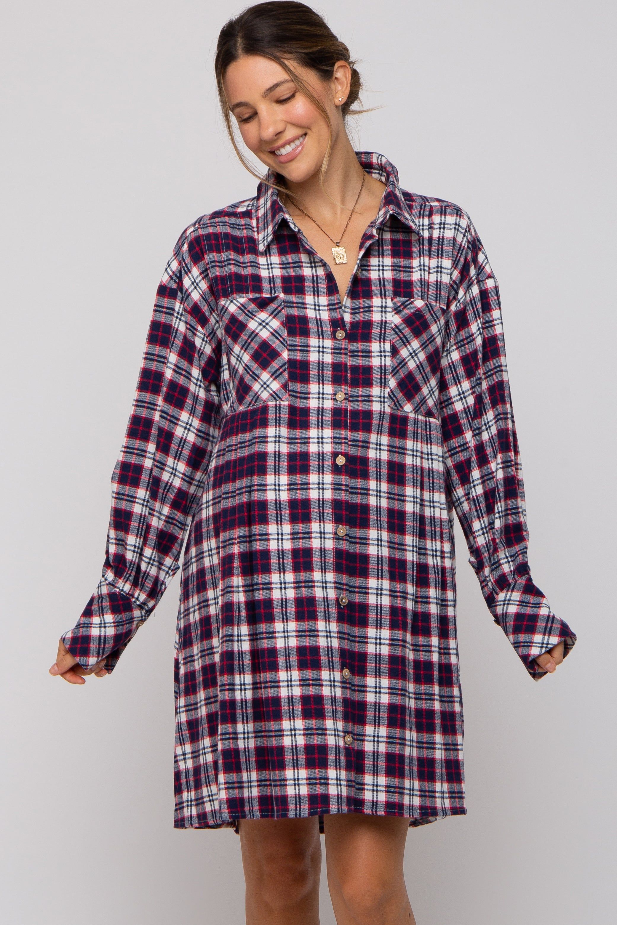 Navy Plaid Button Down Oversize Maternity Mini Shirt Dress sold by Pinkblush product image thumbnail 3