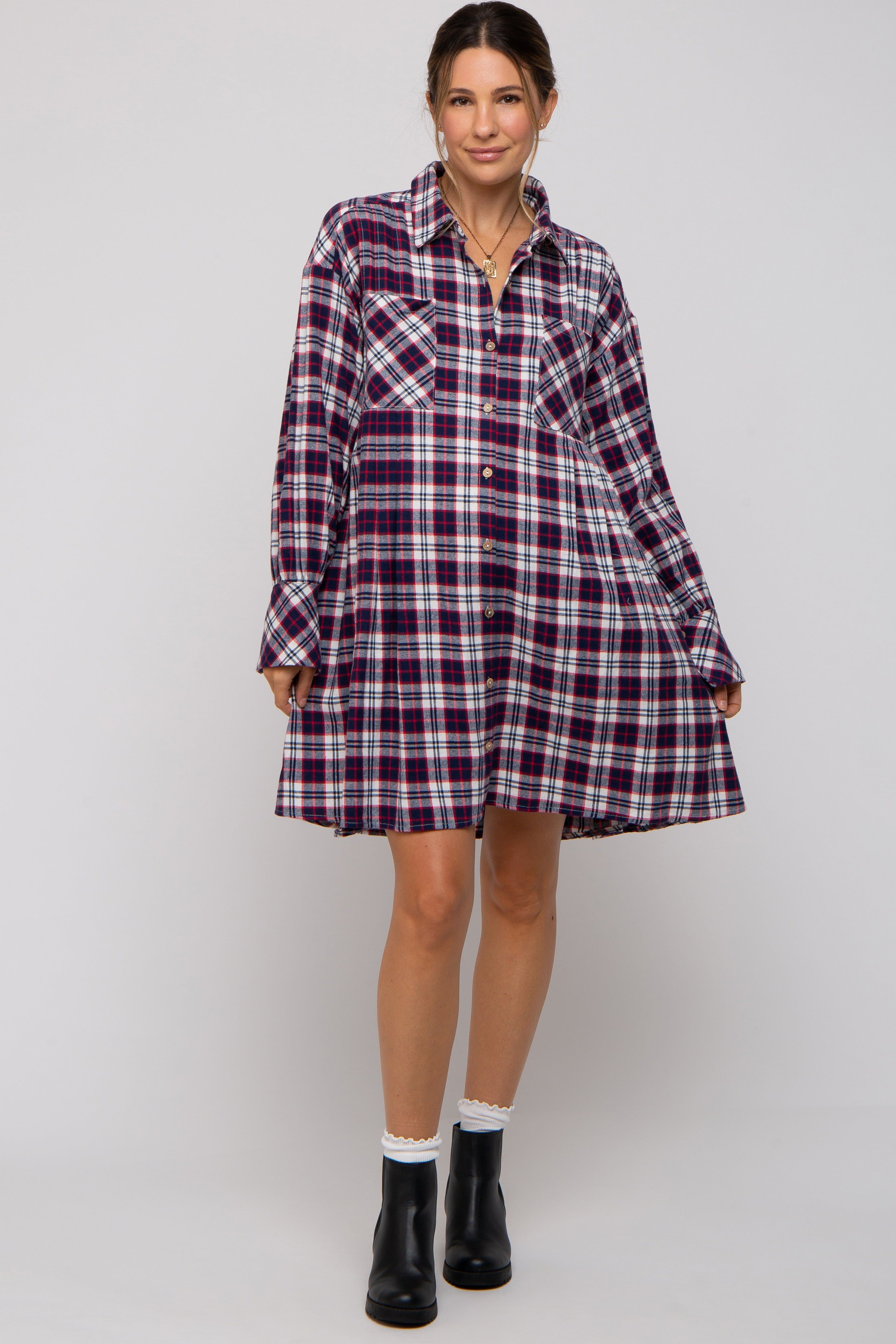 Navy Plaid Button Down Oversize Maternity Mini Shirt Dress sold by Pinkblush