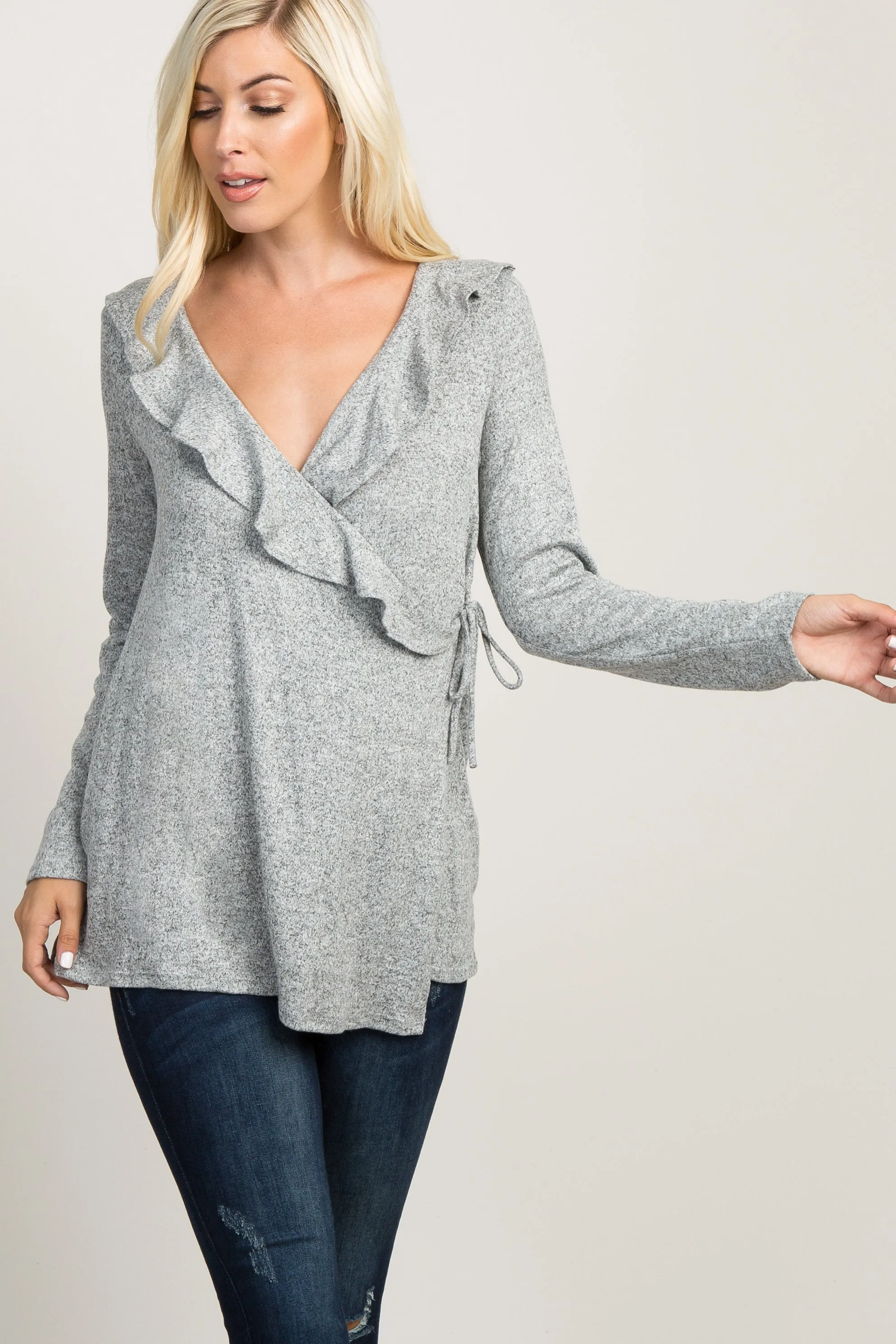 PinkBlush Heather Grey Ruffle Trim Wrap Nursing Top sold by Pinkblush