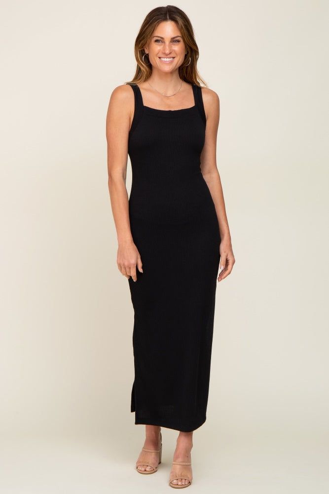 Black Rib Knit Side Slit Maxi Dress sold by Pinkblush