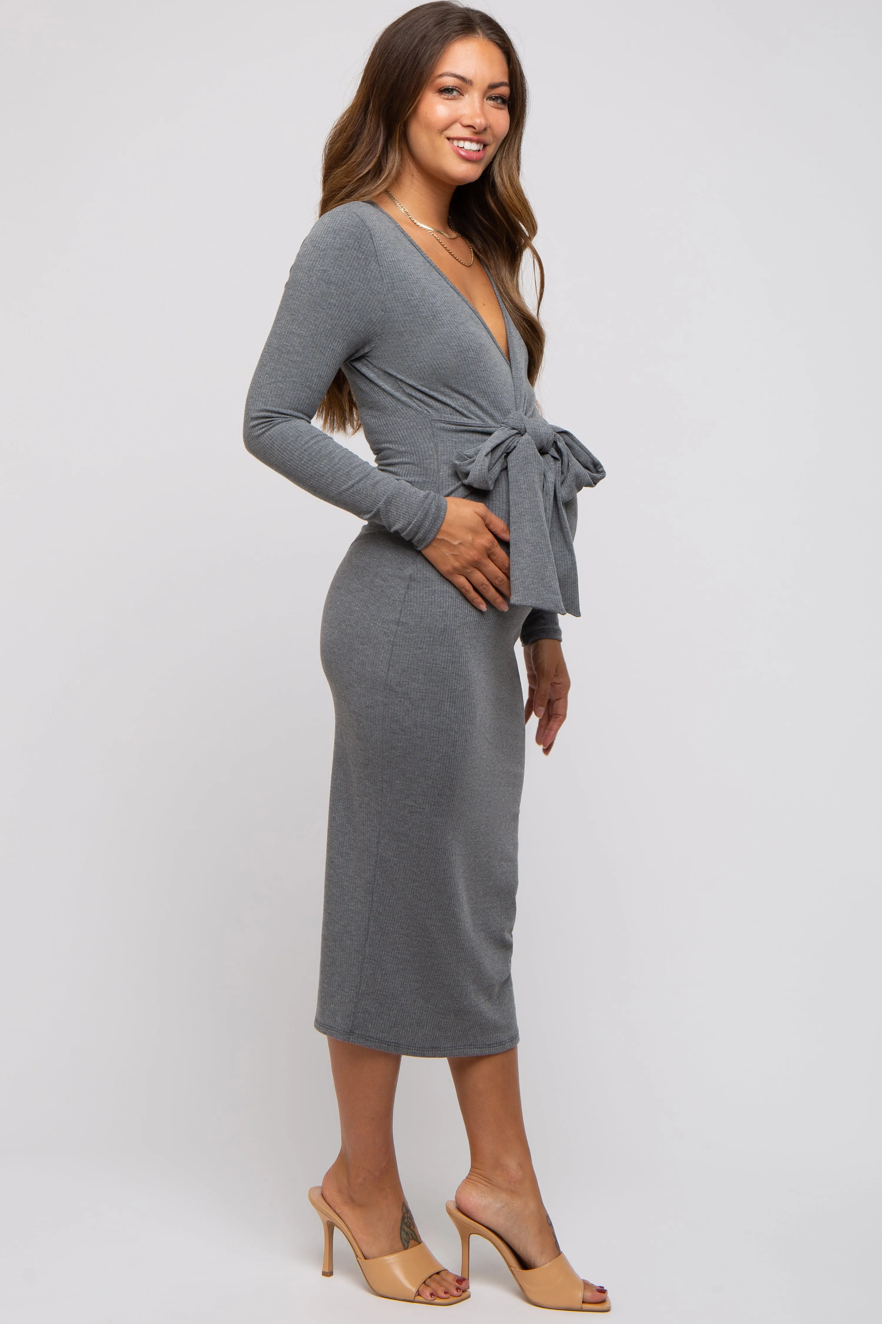 Grey Ribbed Long Sleeve Maternity Wrap Dress sold by Pinkblush product image thumbnail 3