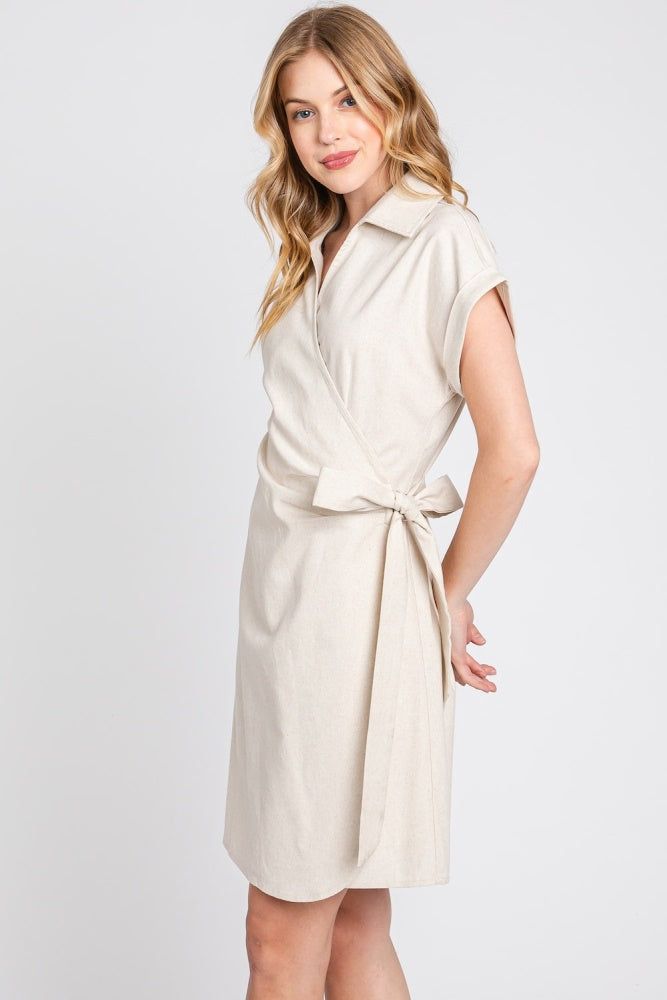 Oatmeal Wrap Front Linen Jacket Dress sold by Pinkblush product image thumbnail 4