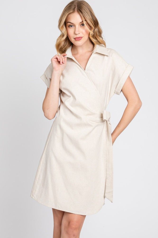 Oatmeal Wrap Front Linen Jacket Dress sold by Pinkblush
