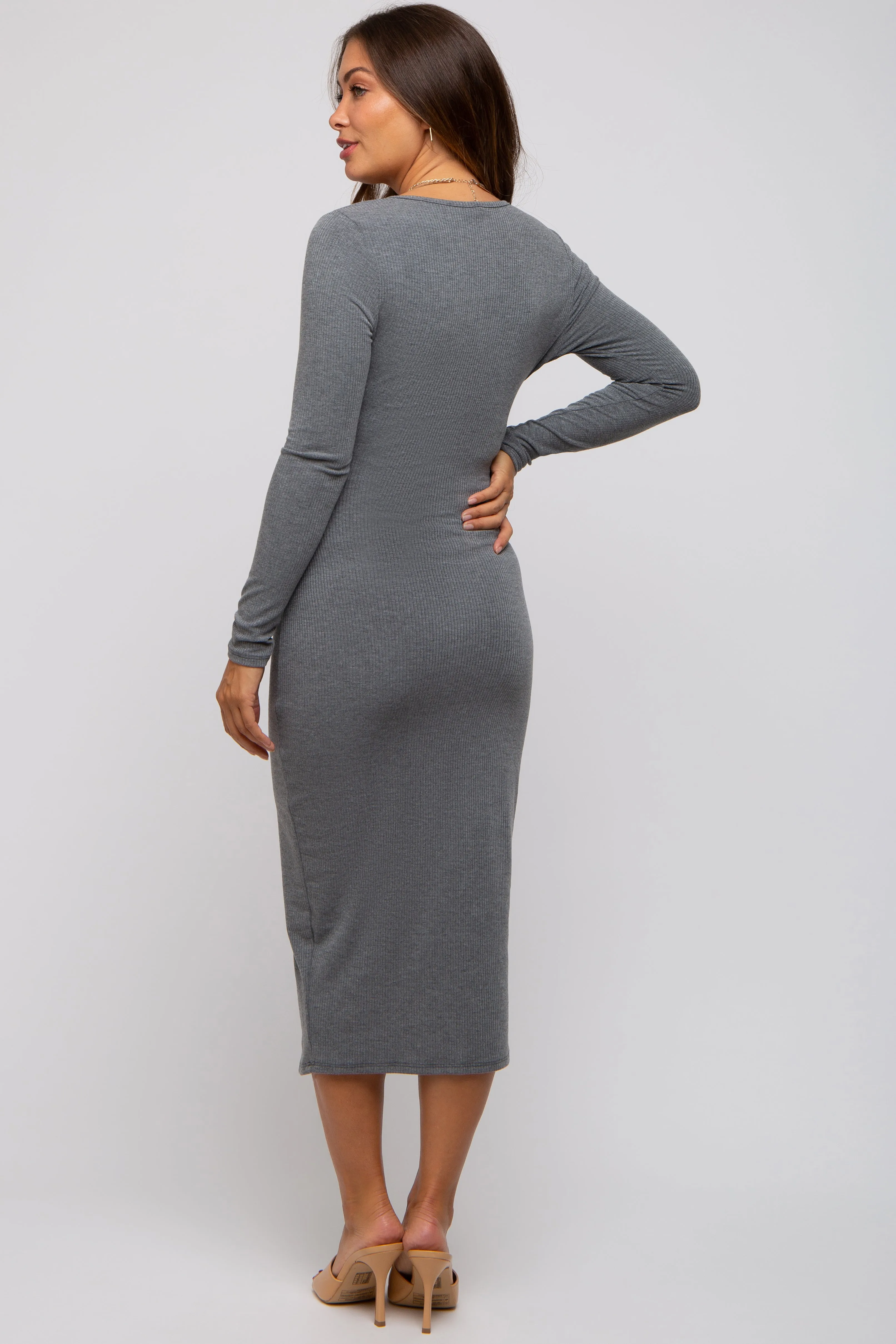 Grey Ribbed Long Sleeve Maternity Wrap Dress sold by Pinkblush product image thumbnail 4
