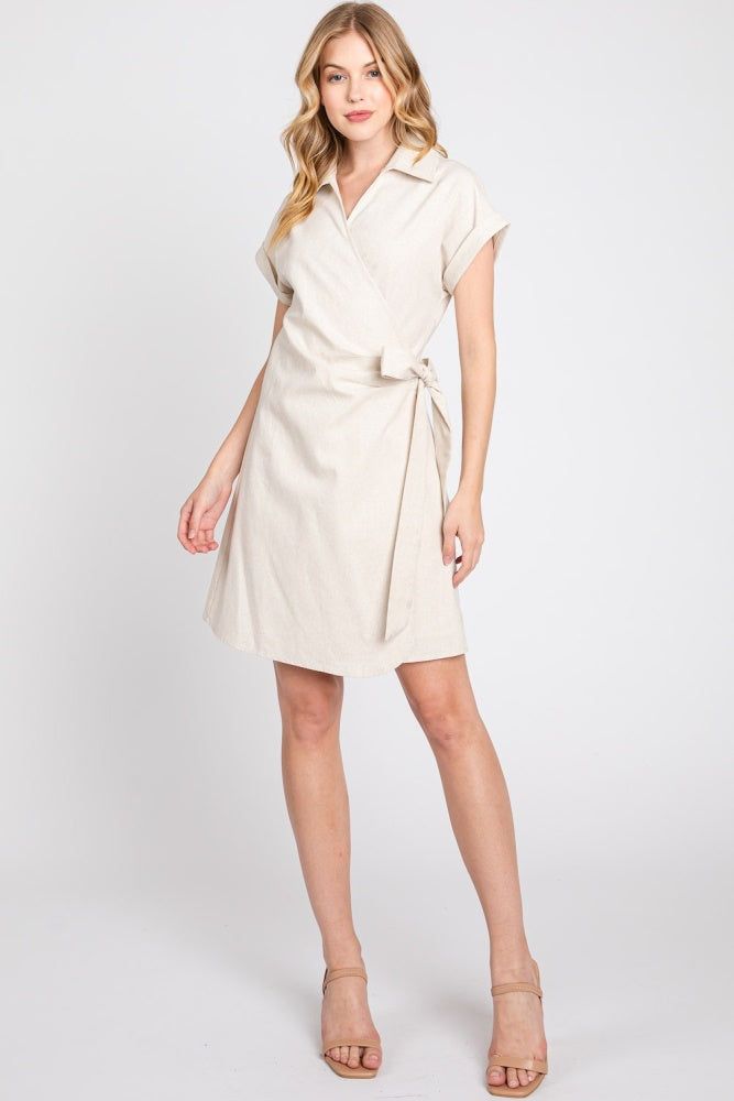 Oatmeal Wrap Front Linen Jacket Dress sold by Pinkblush product image thumbnail 2
